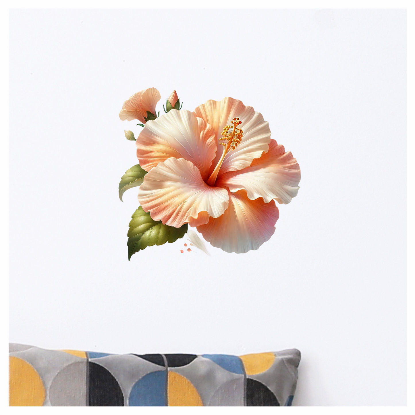 Peach Hibiscus Flower Green Leaves Vinyl Sticker Decal
