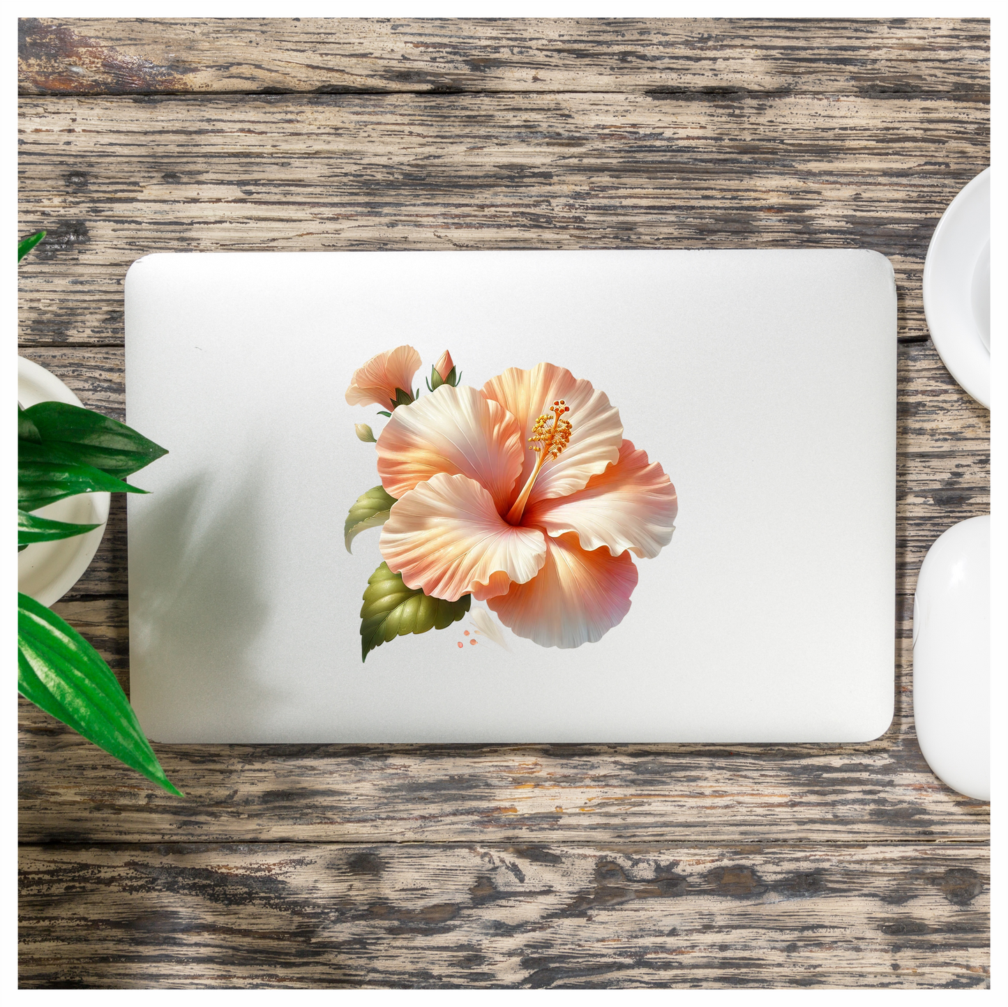 Peach Hibiscus Flower Green Leaves Vinyl Sticker Decal