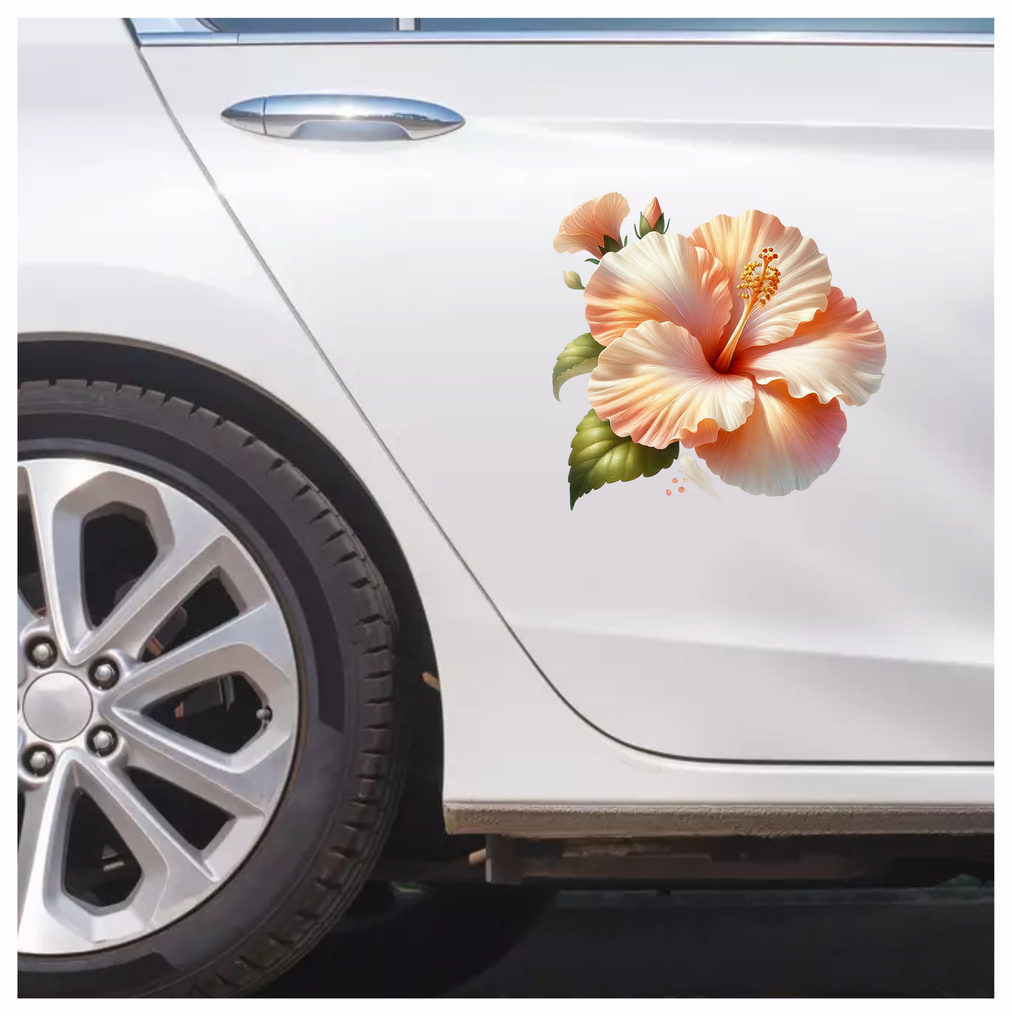Peach Hibiscus Flower Green Leaves Vinyl Sticker Decal