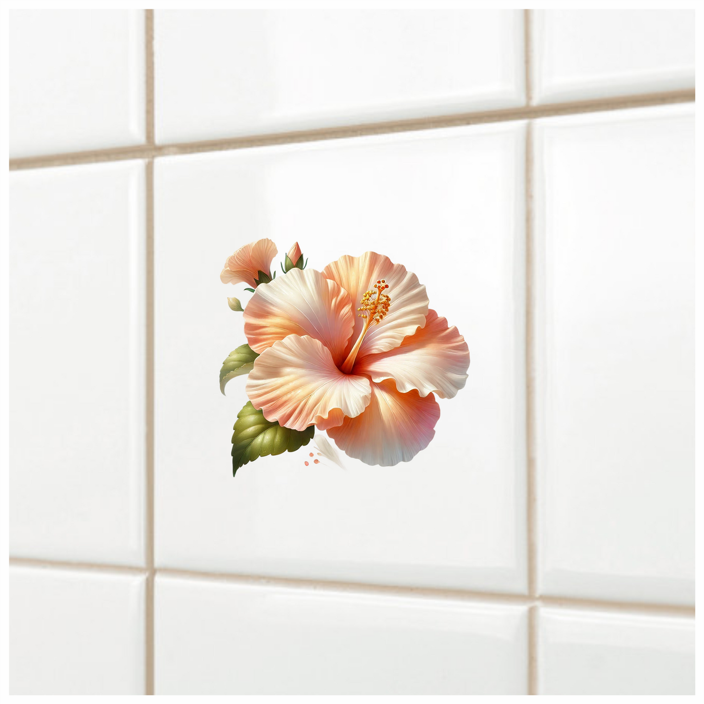 Peach Hibiscus Flower Green Leaves Vinyl Sticker Decal