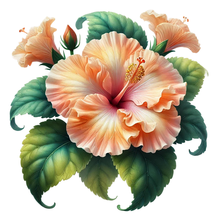 Peach Hibiscus Flower Green Leaves Vinyl Sticker Decal