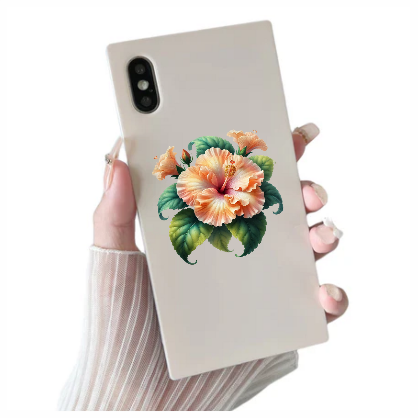 Peach Hibiscus Flower Green Leaves Vinyl Sticker Decal