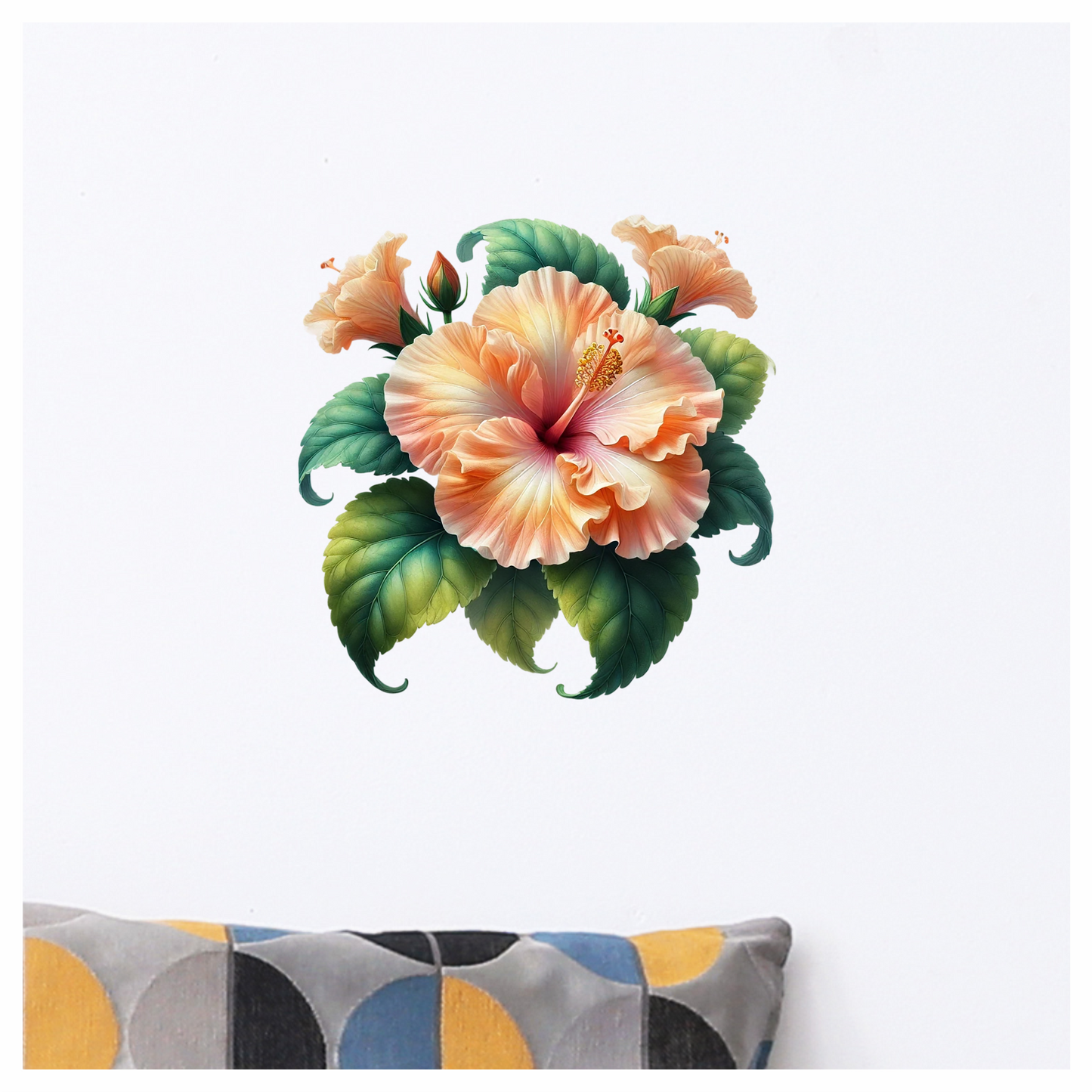 Peach Hibiscus Flower Green Leaves Vinyl Sticker Decal
