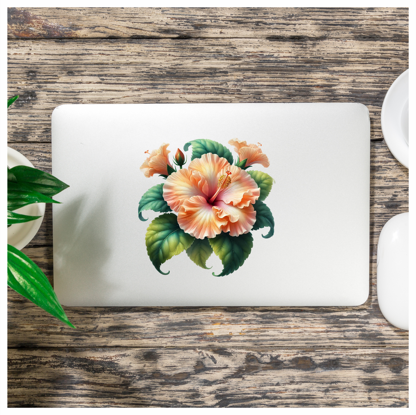 Peach Hibiscus Flower Green Leaves Vinyl Sticker Decal