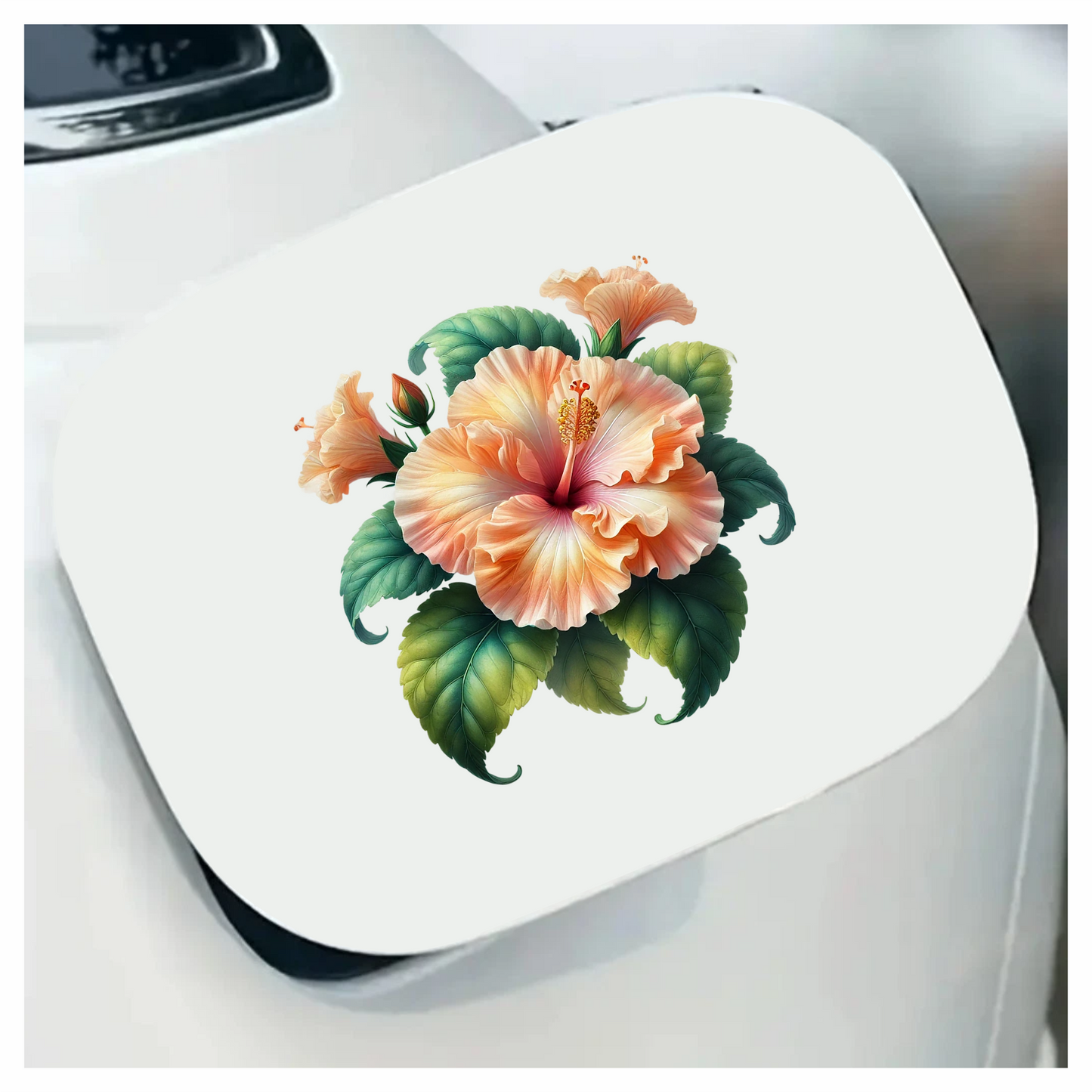 Peach Hibiscus Flower Green Leaves Vinyl Sticker Decal