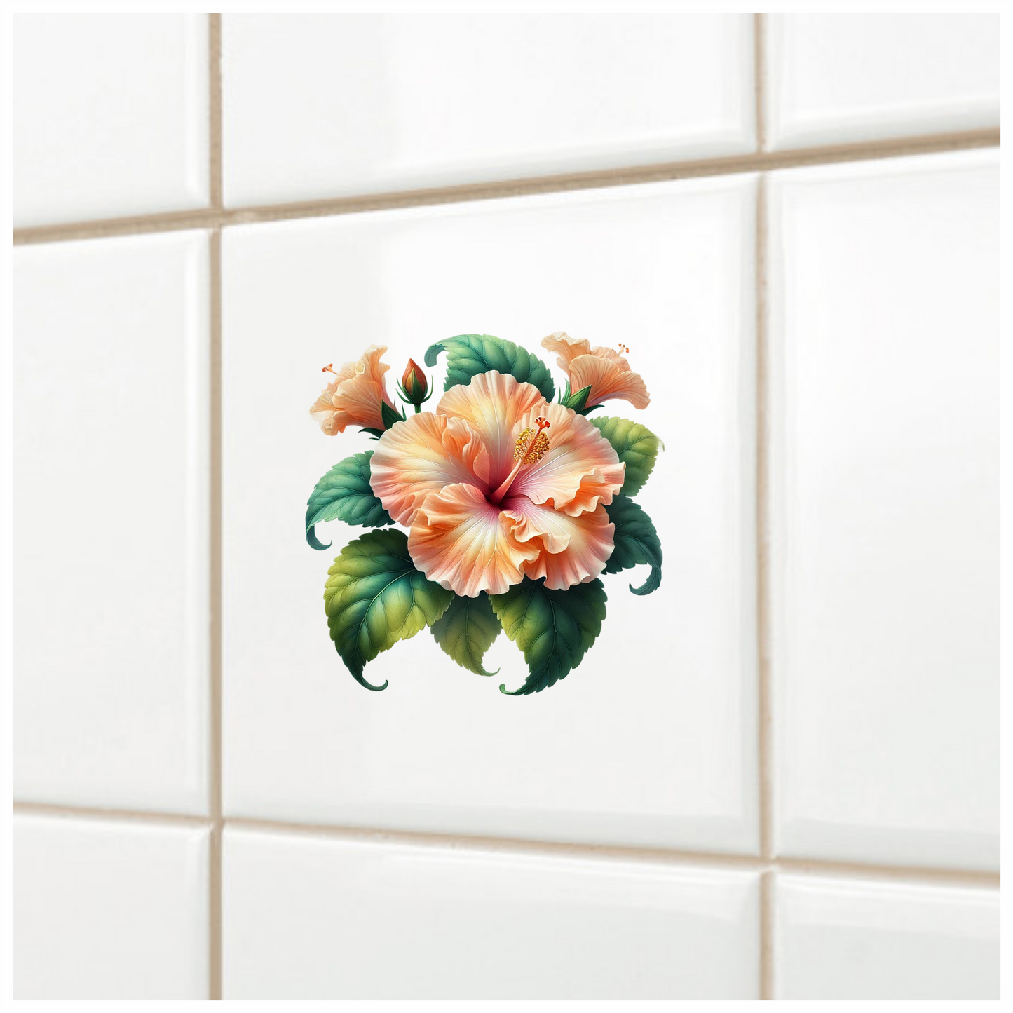 Peach Hibiscus Flower Green Leaves Vinyl Sticker Decal