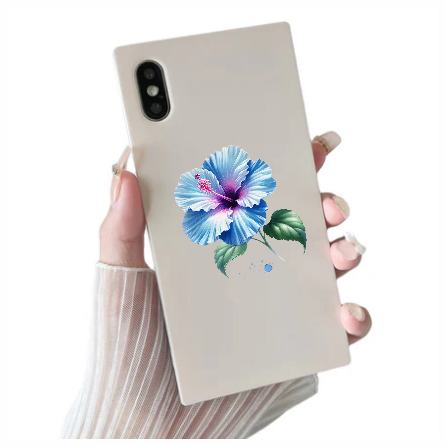 Blue Hibiscus Flower With Green Leaves Vinyl Sticker Decal