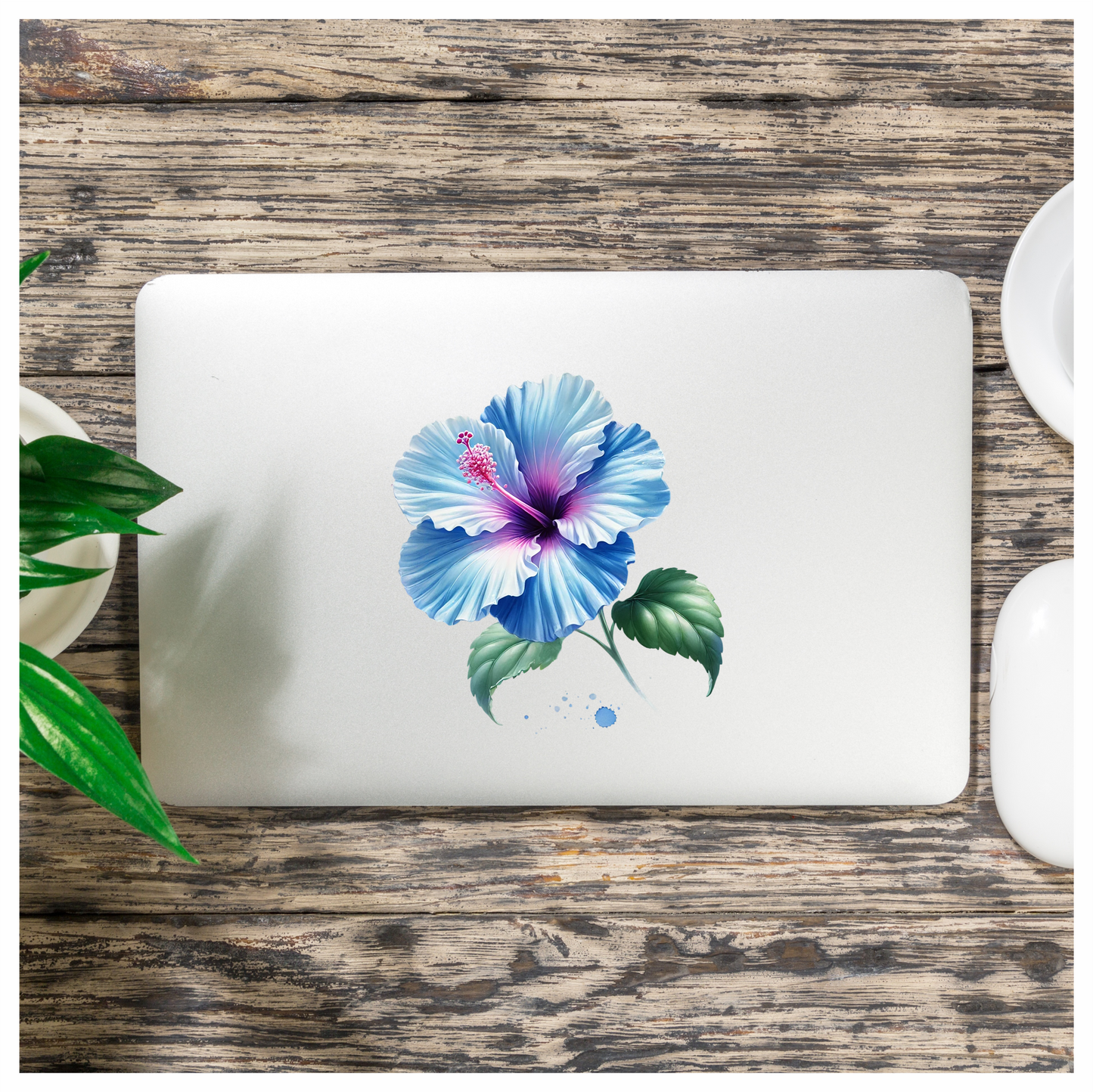 Blue Hibiscus Flower With Green Leaves Vinyl Sticker Decal