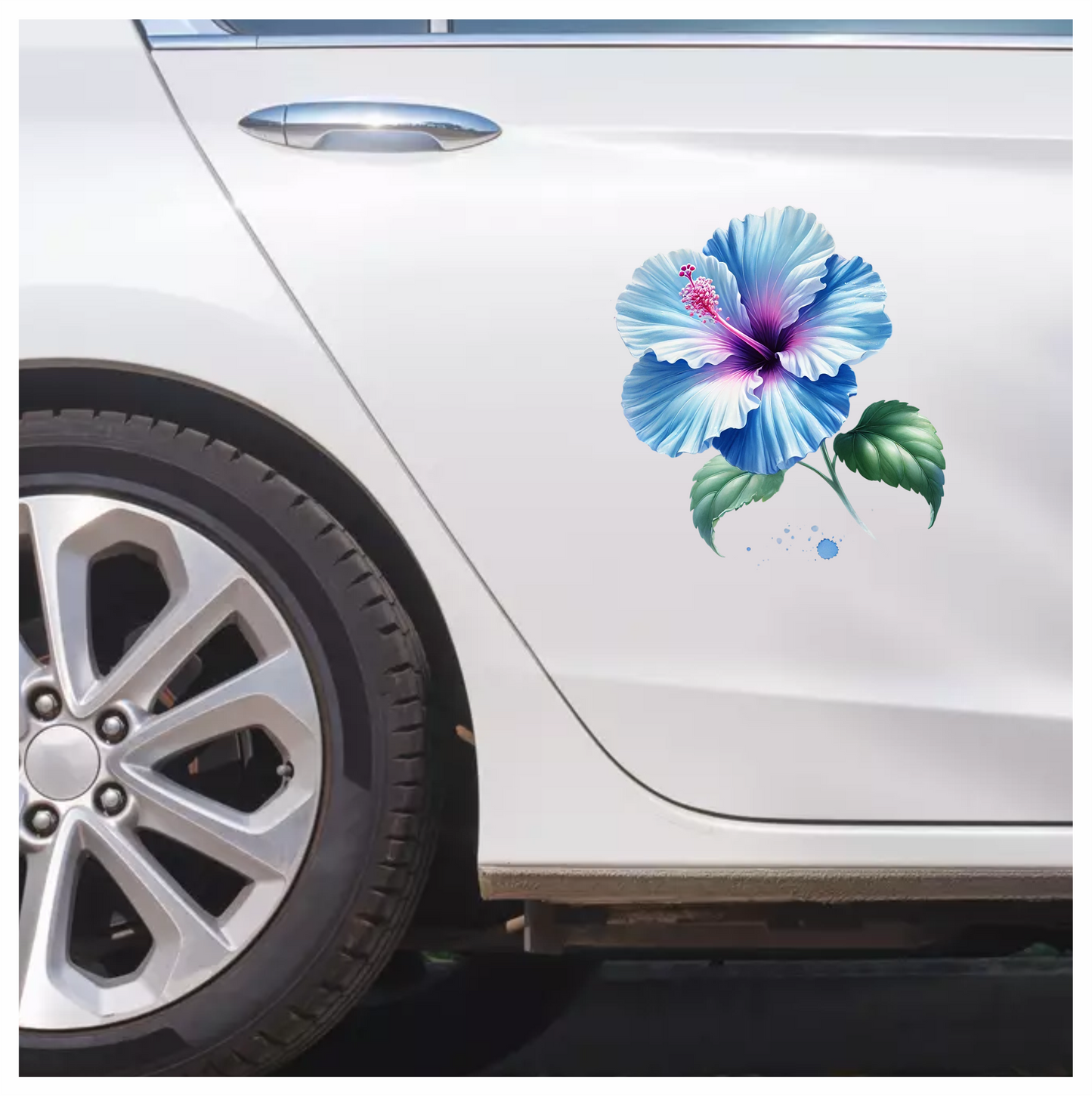 Blue Hibiscus Flower With Green Leaves Vinyl Sticker Decal