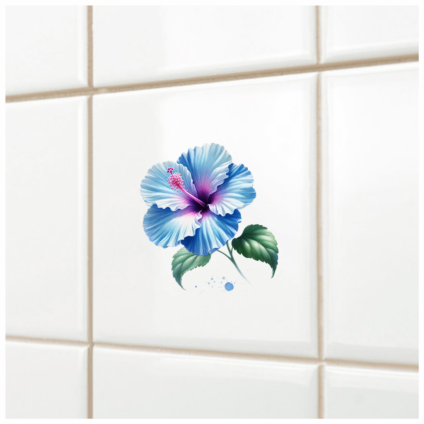 Blue Hibiscus Flower With Green Leaves Vinyl Sticker Decal