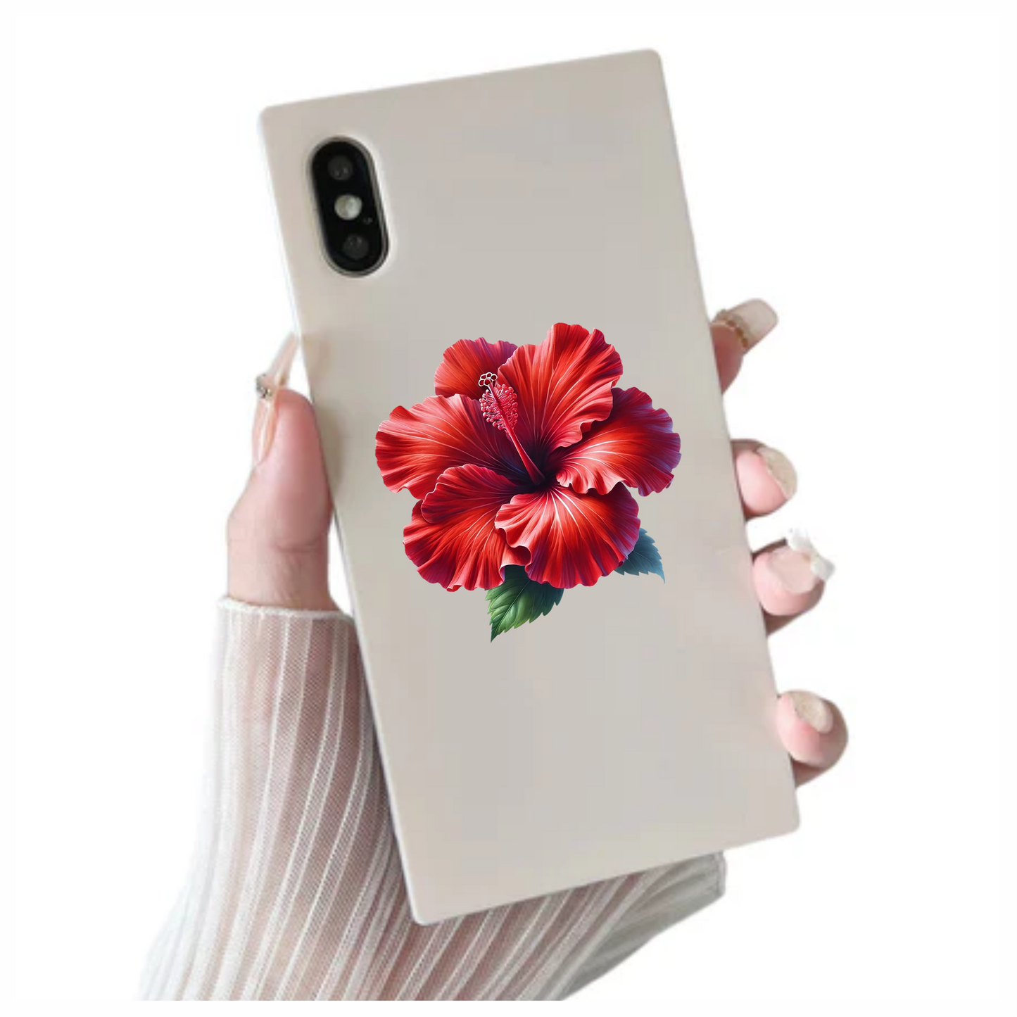 Red Hibiscus Flower Green Leaves Vinyl Sticker Decal
