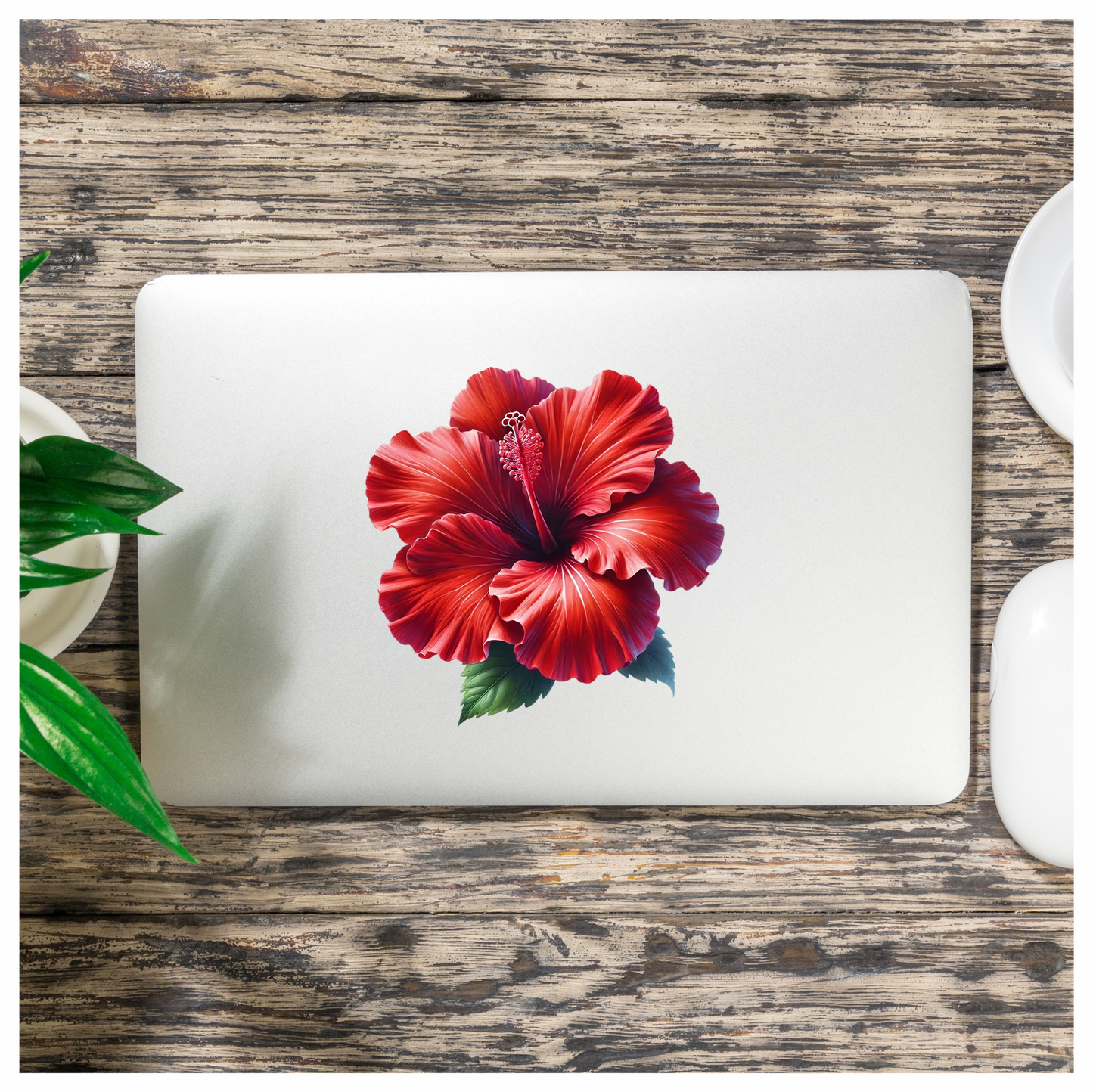 Red Hibiscus Flower Green Leaves Vinyl Sticker Decal