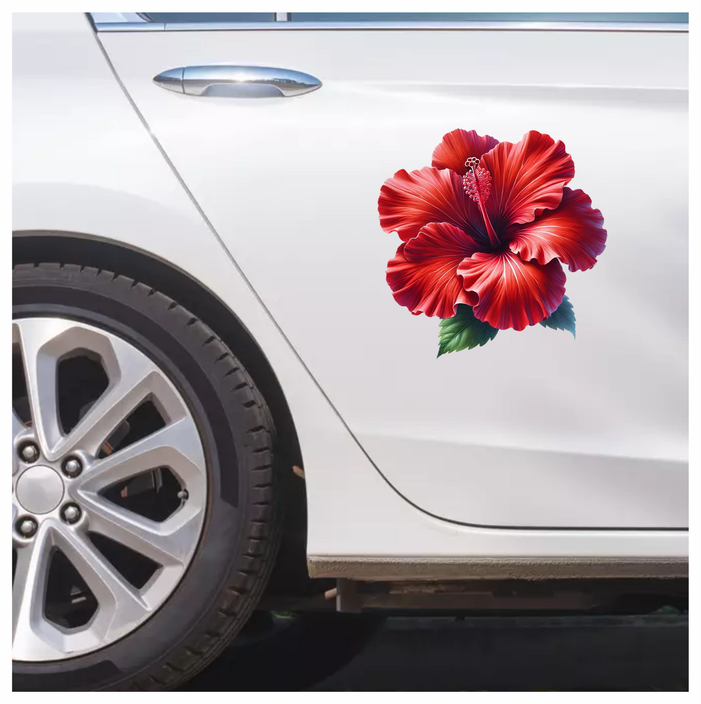 Red Hibiscus Flower Green Leaves Vinyl Sticker Decal