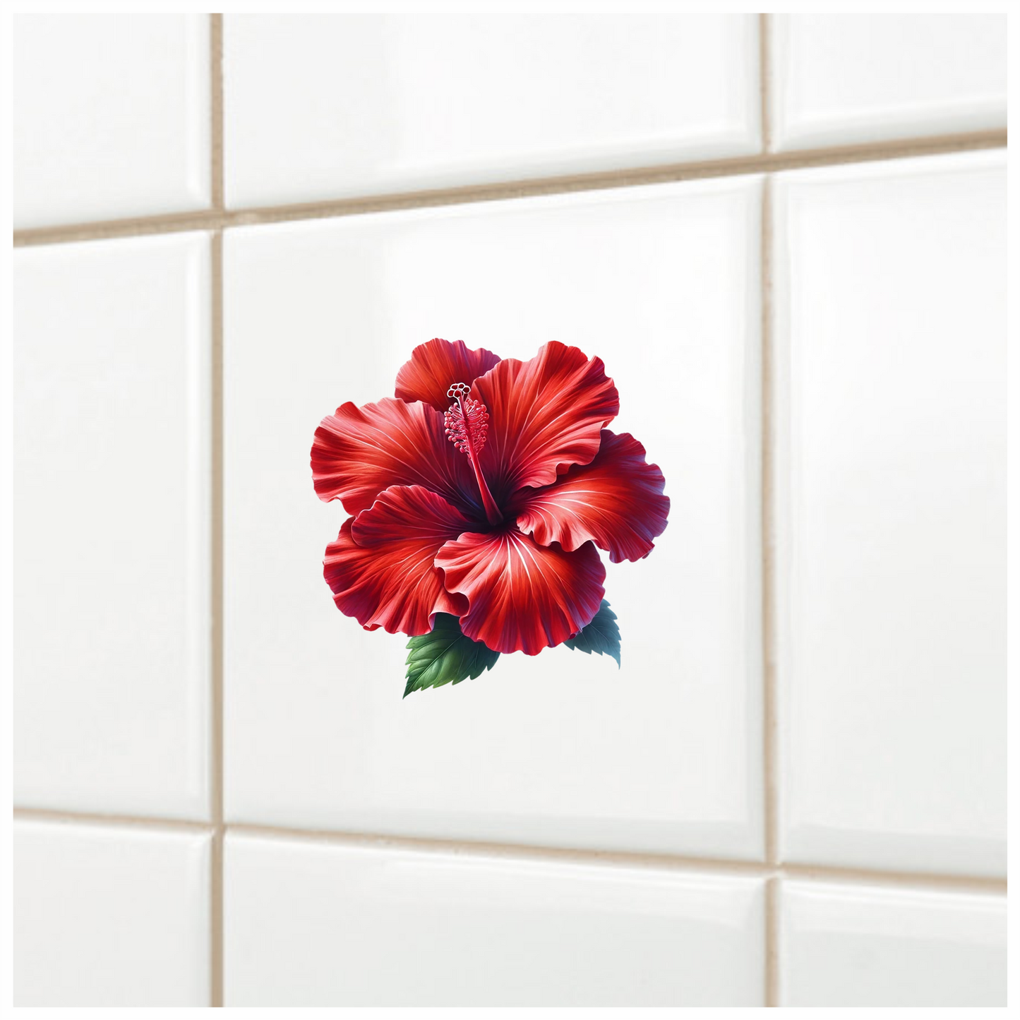 Red Hibiscus Flower Green Leaves Vinyl Sticker Decal
