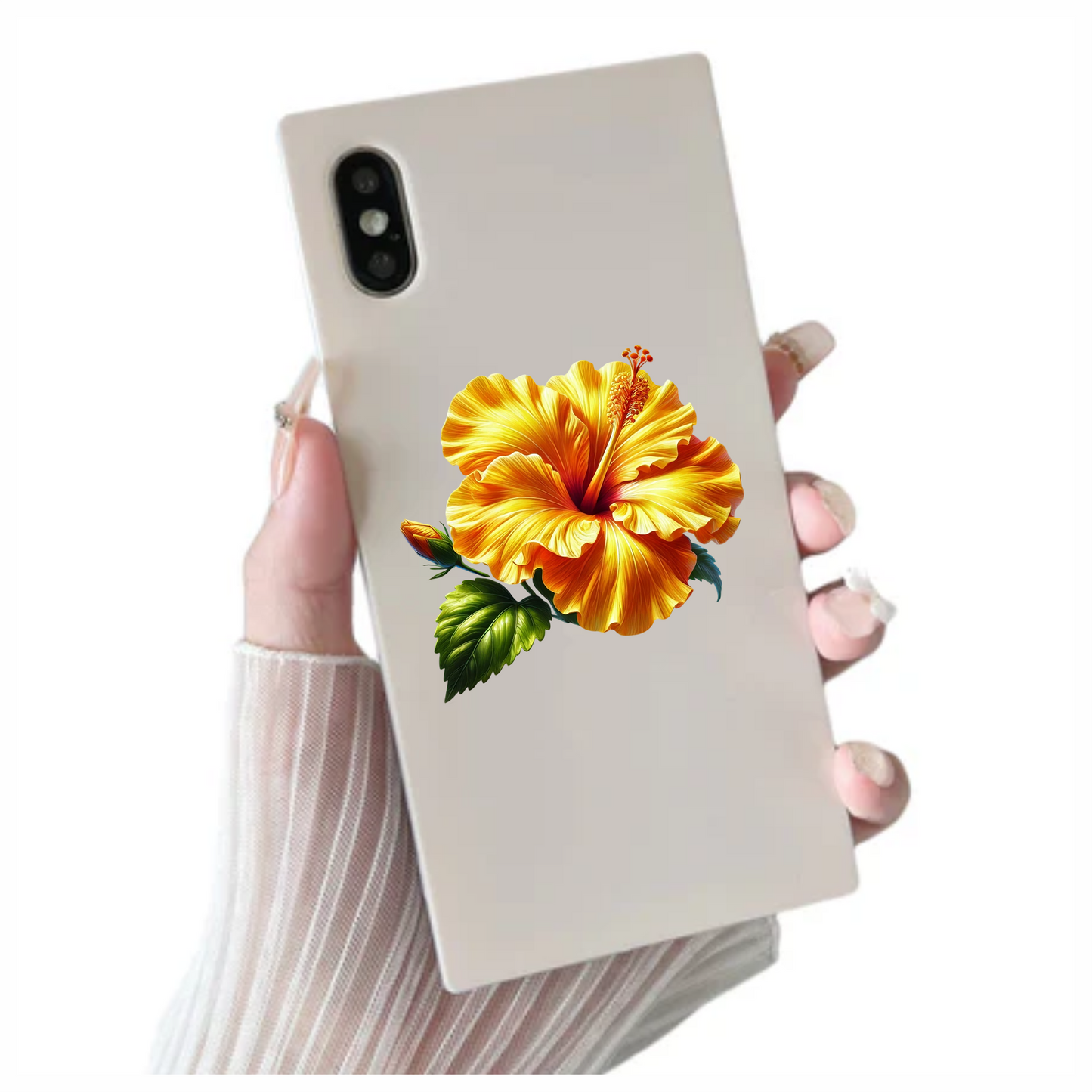 Yellow Hibiscus Flower Green Leaf Vinyl Sticker Decal