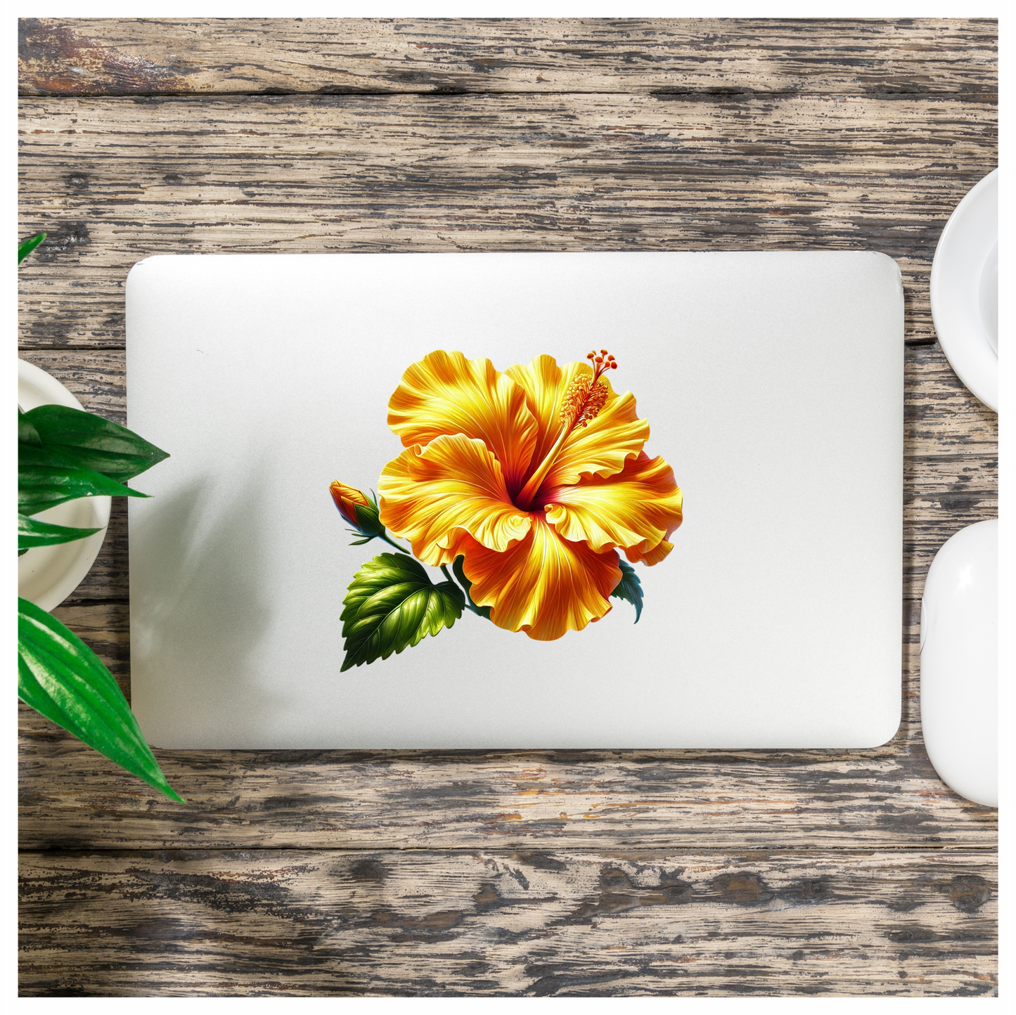 Yellow Hibiscus Flower Green Leaf Vinyl Sticker Decal