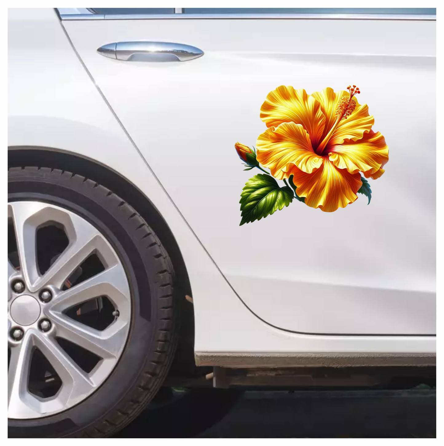 Yellow Hibiscus Flower Green Leaf Vinyl Sticker Decal