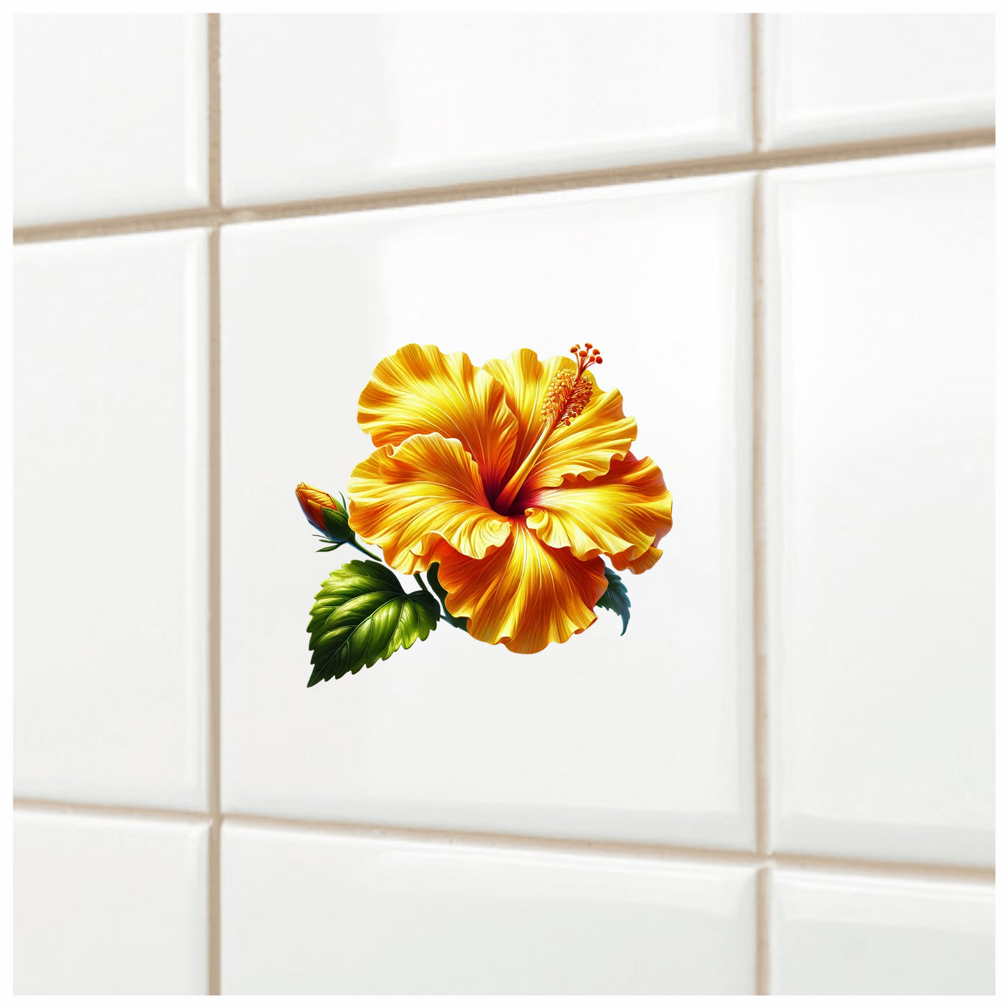 Yellow Hibiscus Flower Green Leaf Vinyl Sticker Decal