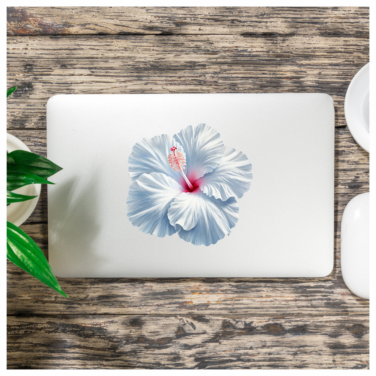 White Hibiscus Flower With Red Vinyl Sticker Decal