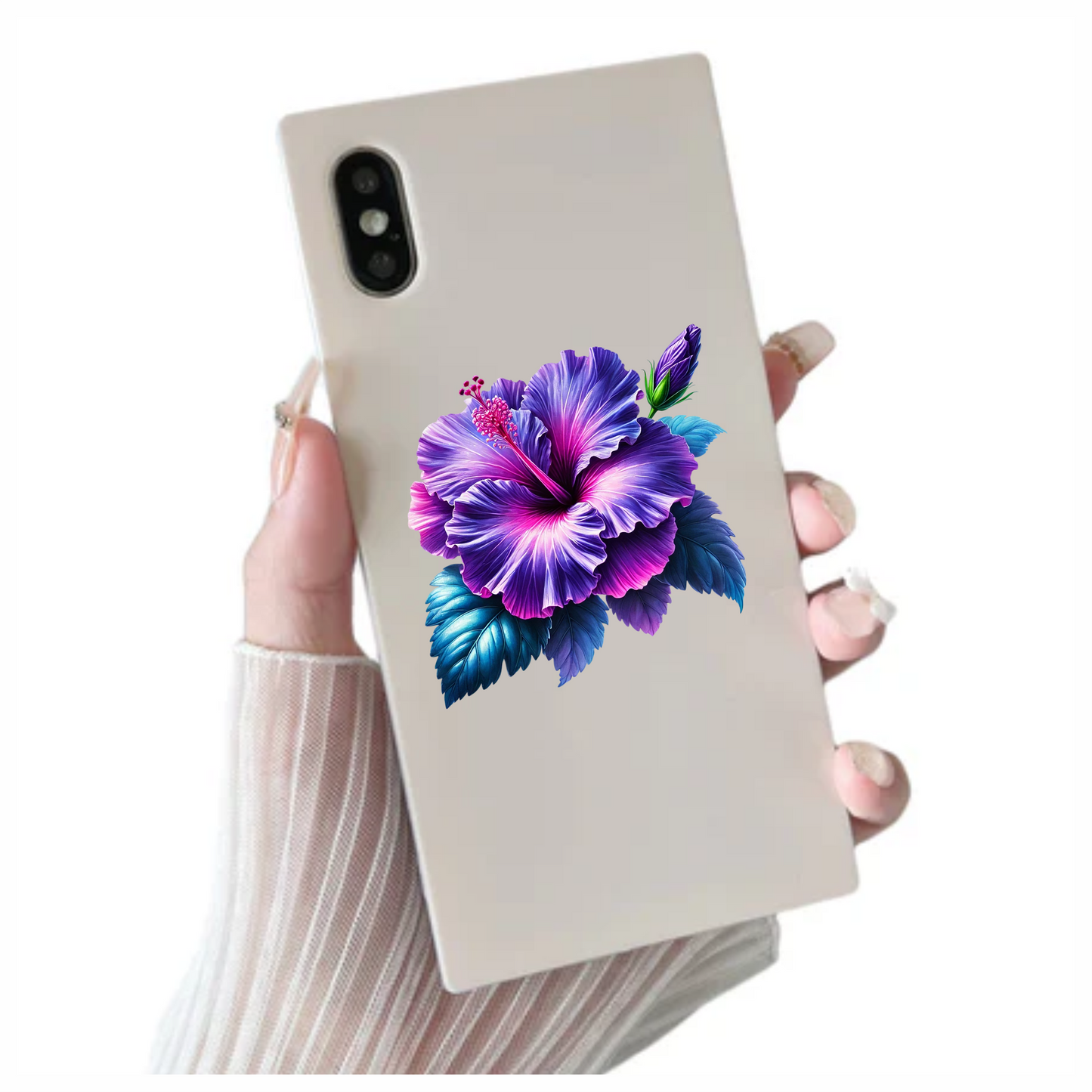 Purple Hibiscus Flower Green Leaves Vinyl Sticker Decal