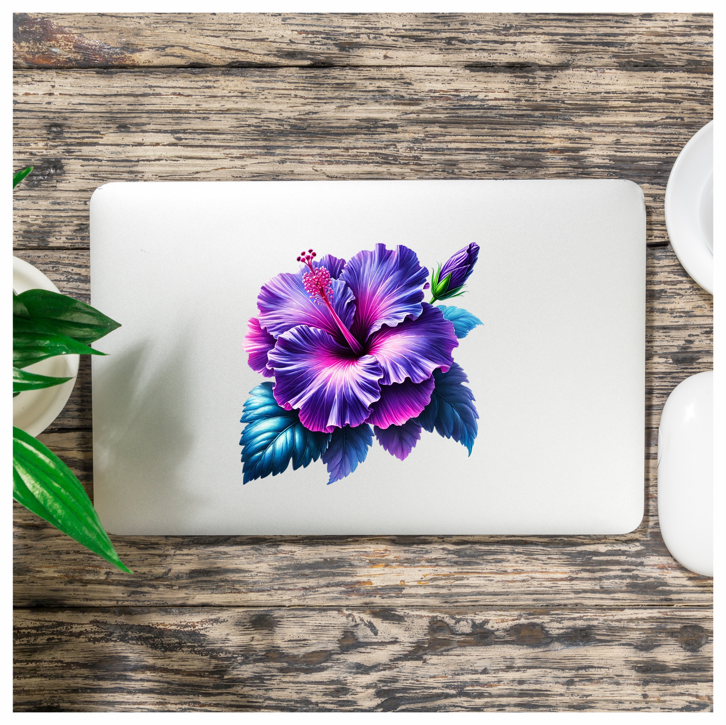 Purple Hibiscus Flower Green Leaves Vinyl Sticker Decal