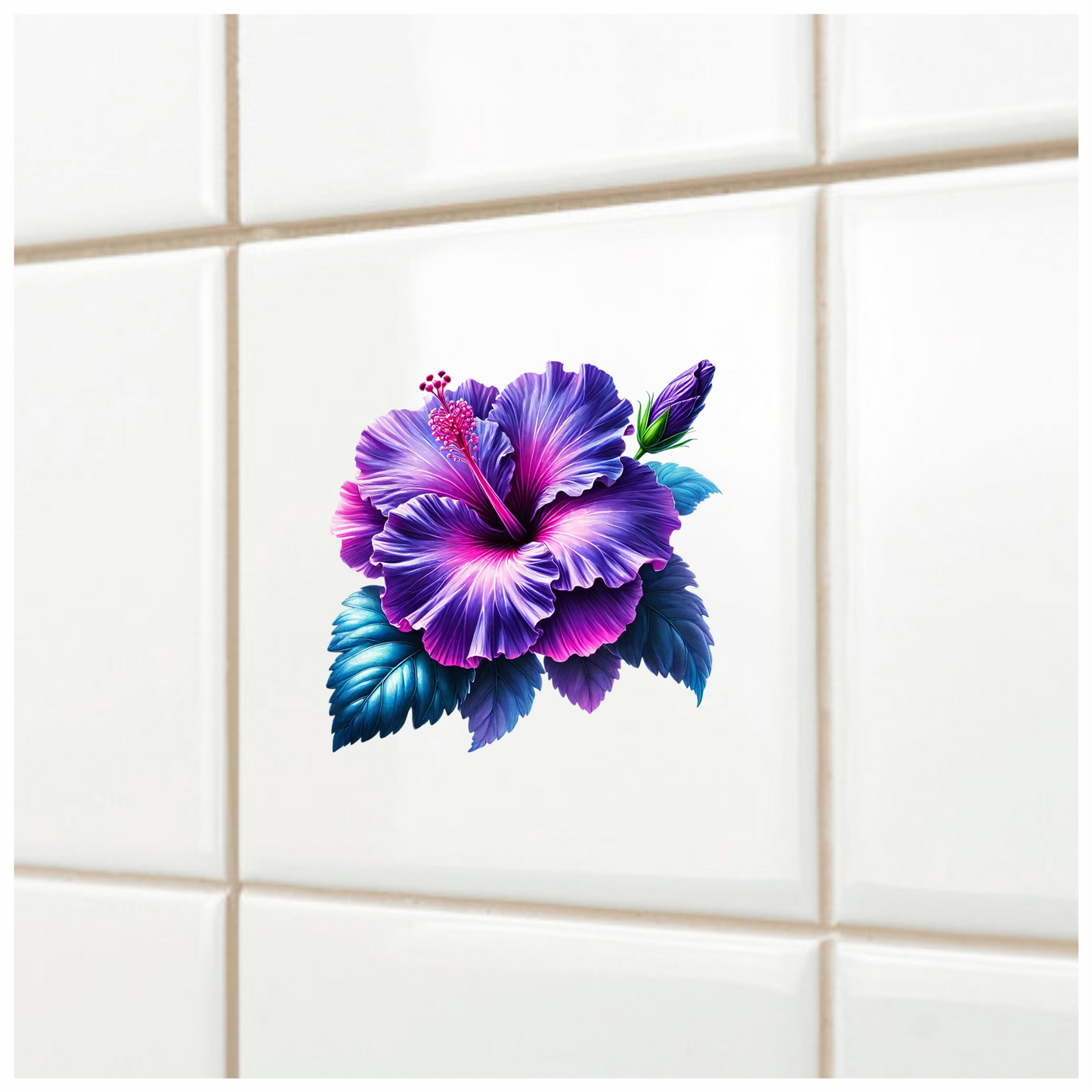 Purple Hibiscus Flower Green Leaves Vinyl Sticker Decal