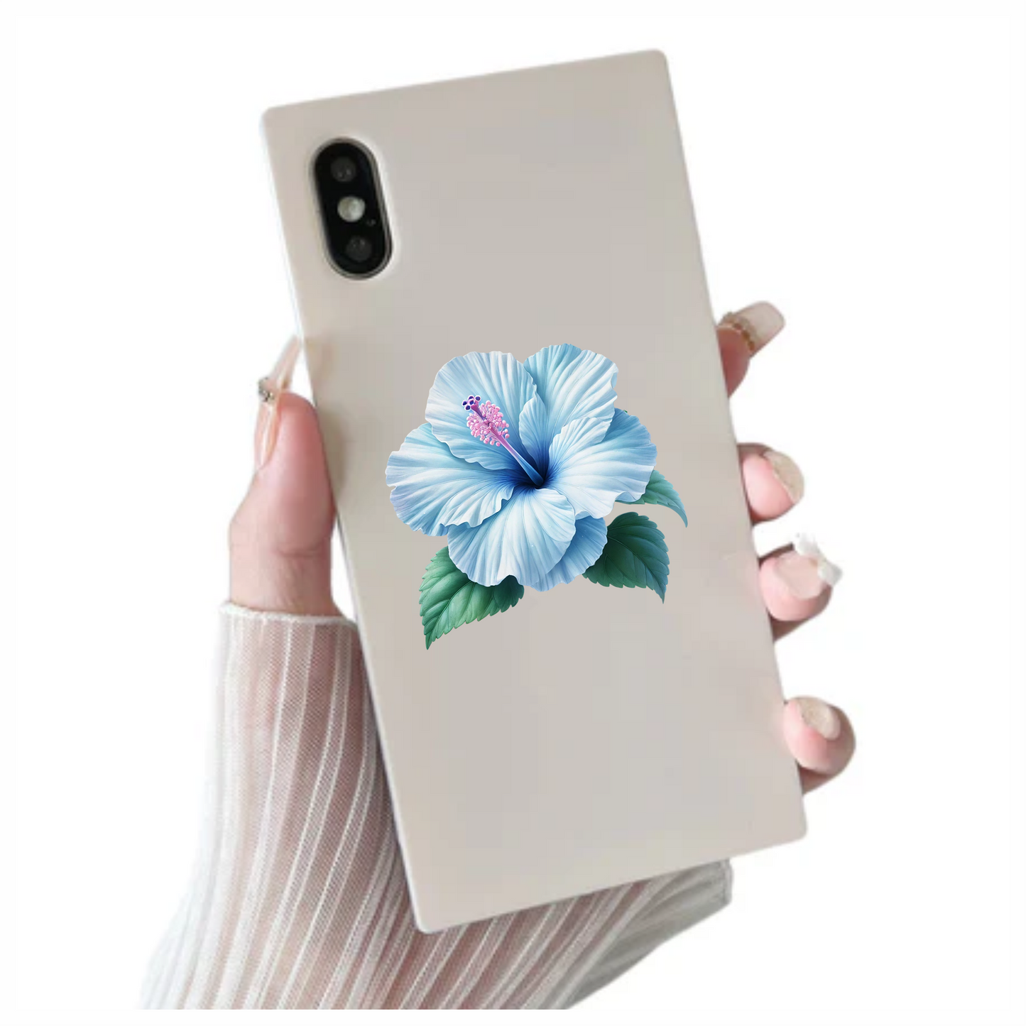 Blue Hibiscus Flower Green Leaves Vinyl Sticker Decal