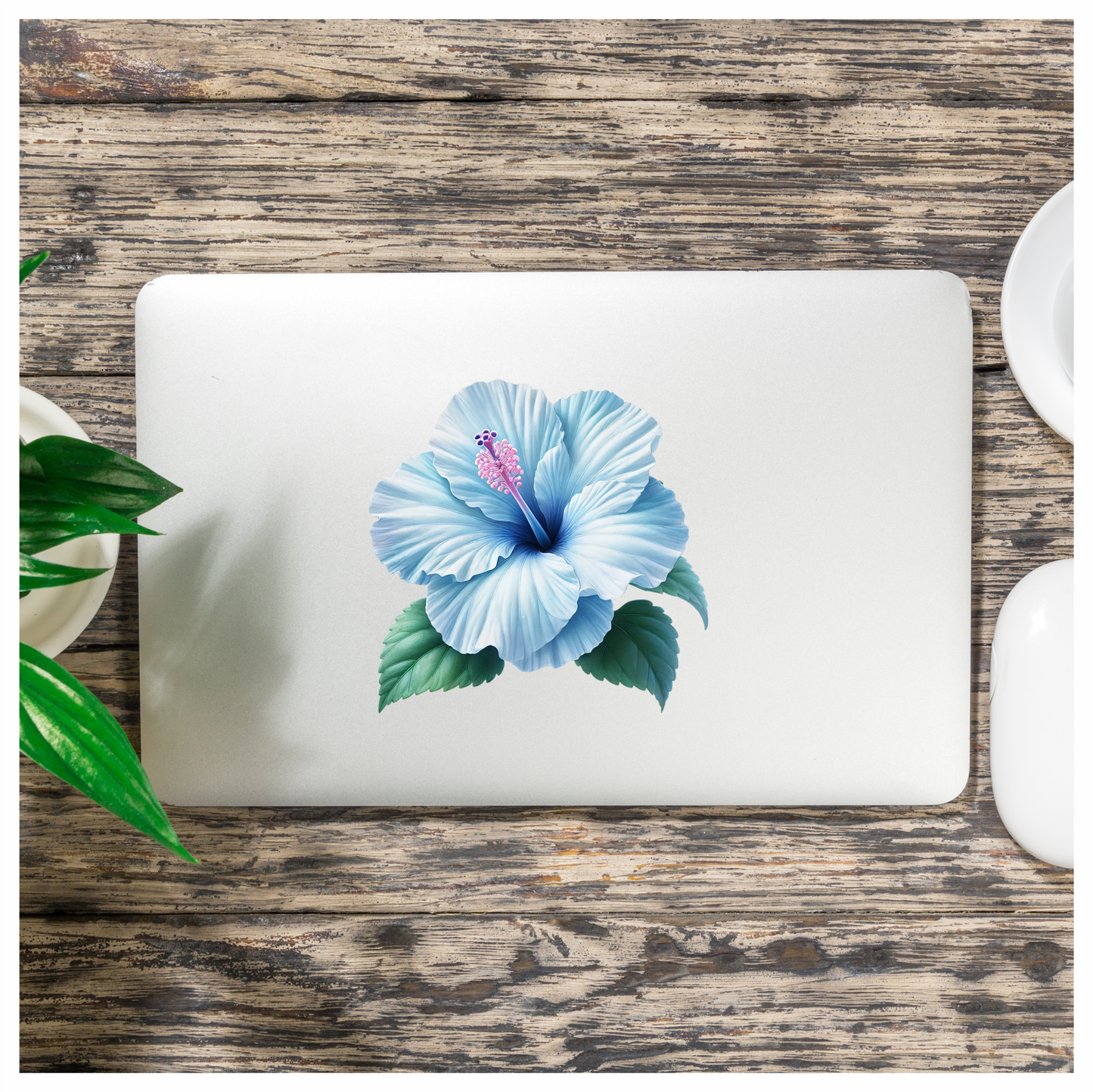 Blue Hibiscus Flower Green Leaves Vinyl Sticker Decal