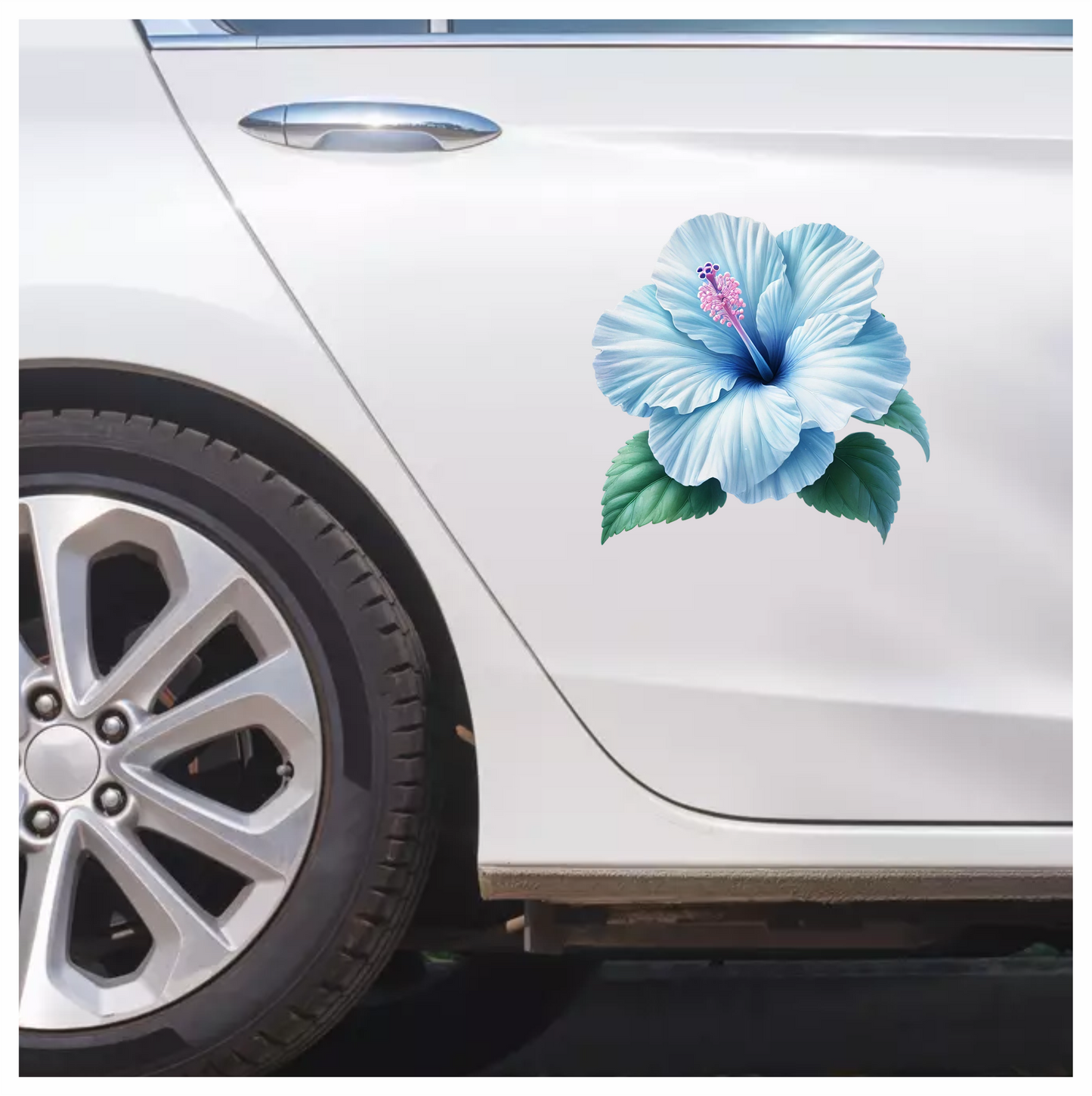 Blue Hibiscus Flower Green Leaves Vinyl Sticker Decal