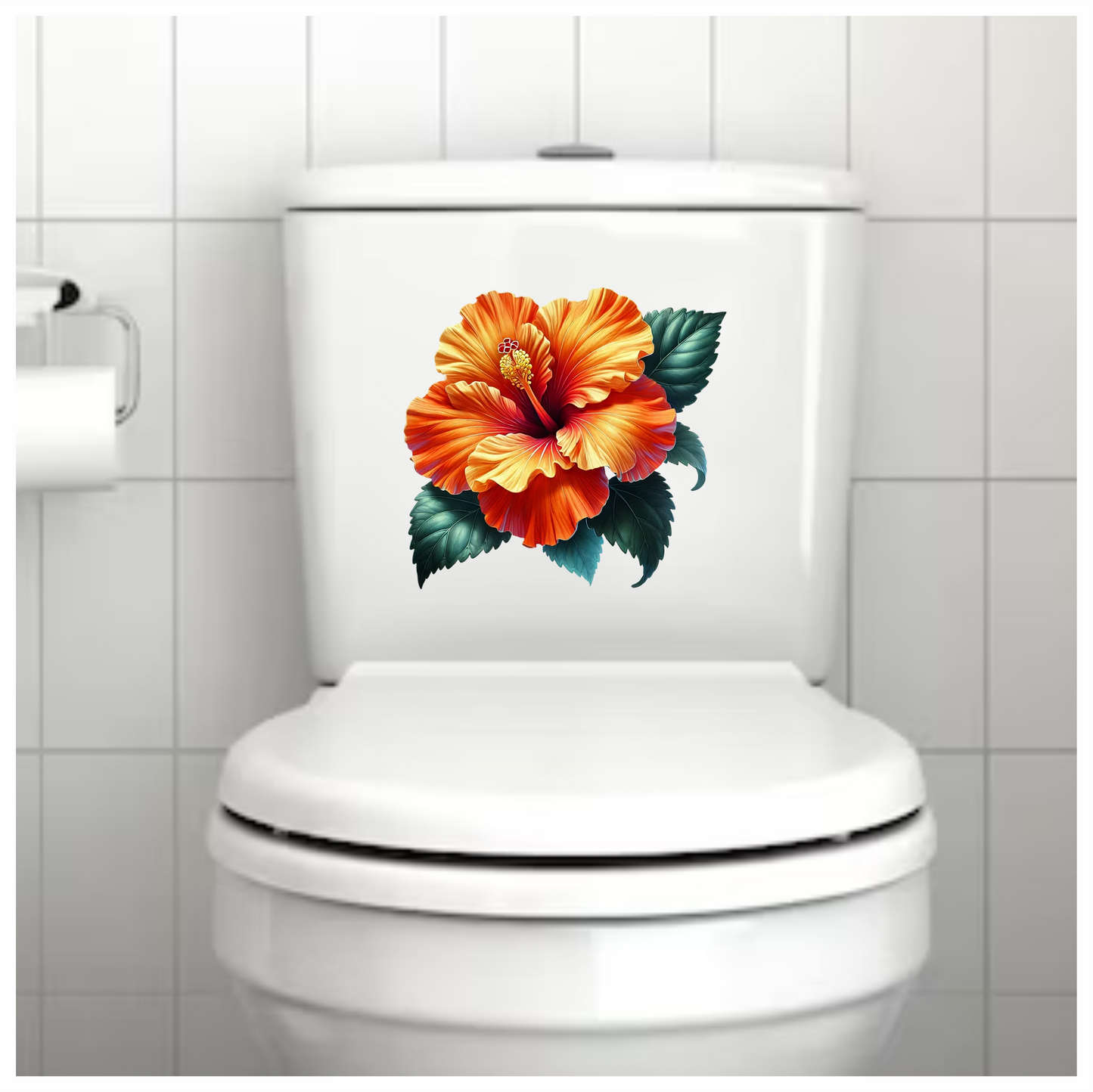 Orange Hibiscus Flower Green Leaves Vinyl Sticker Decal