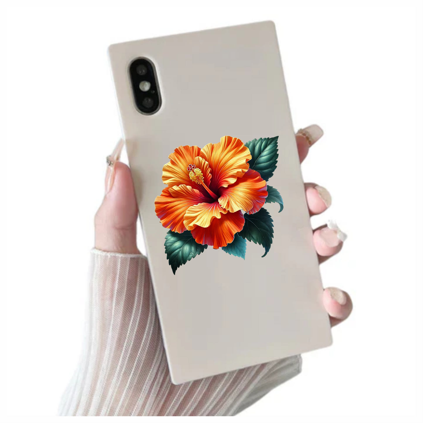 Orange Hibiscus Flower Green Leaves Vinyl Sticker Decal