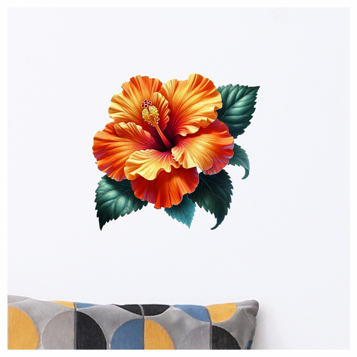 Orange Hibiscus Flower Green Leaves Vinyl Sticker Decal