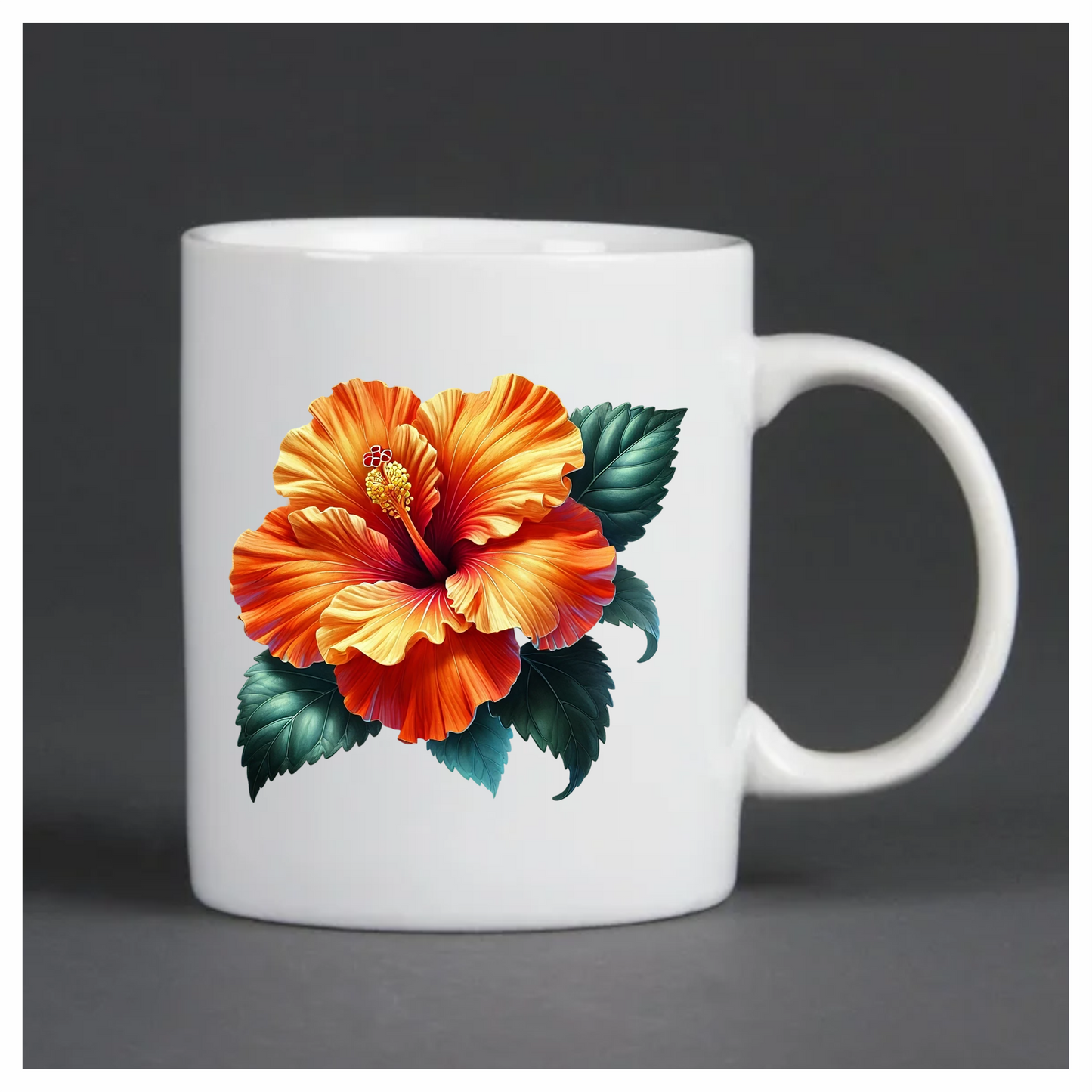 Orange Hibiscus Flower Green Leaves Vinyl Sticker Decal