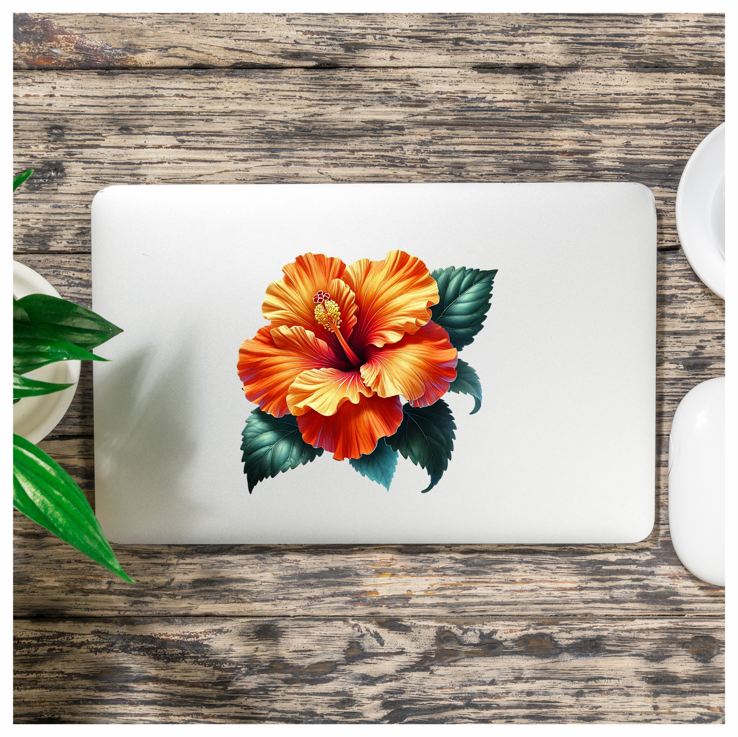 Orange Hibiscus Flower Green Leaves Vinyl Sticker Decal