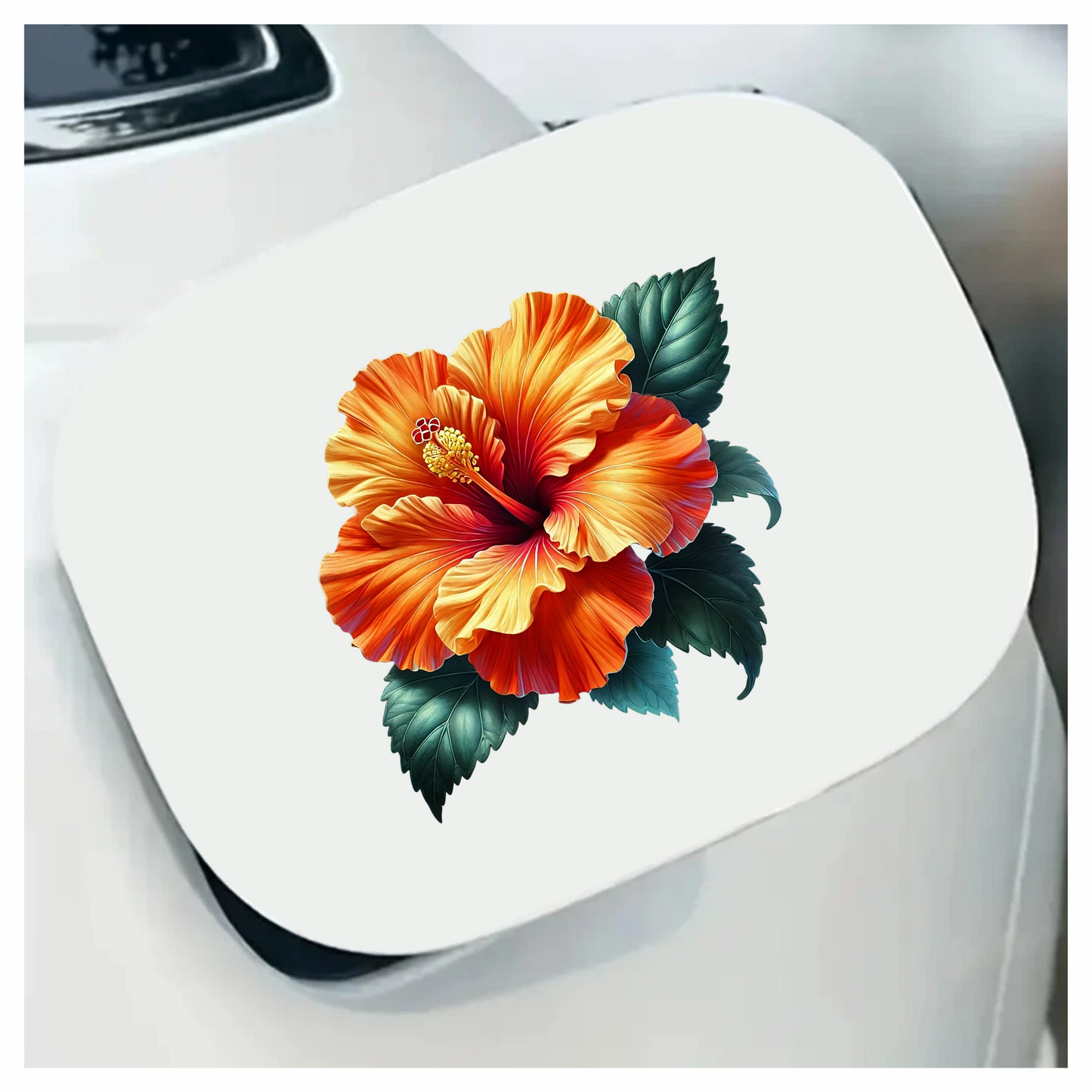 Orange Hibiscus Flower Green Leaves Vinyl Sticker Decal