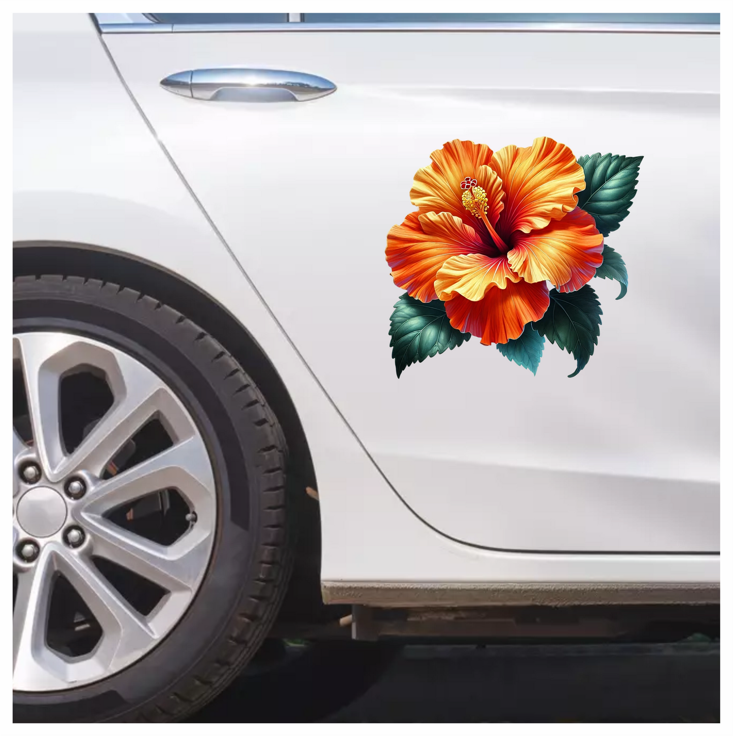 Orange Hibiscus Flower Green Leaves Vinyl Sticker Decal