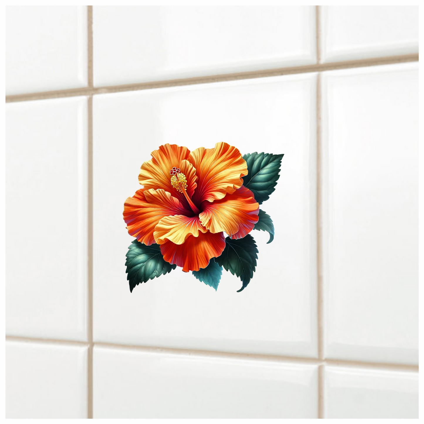 Orange Hibiscus Flower Green Leaves Vinyl Sticker Decal