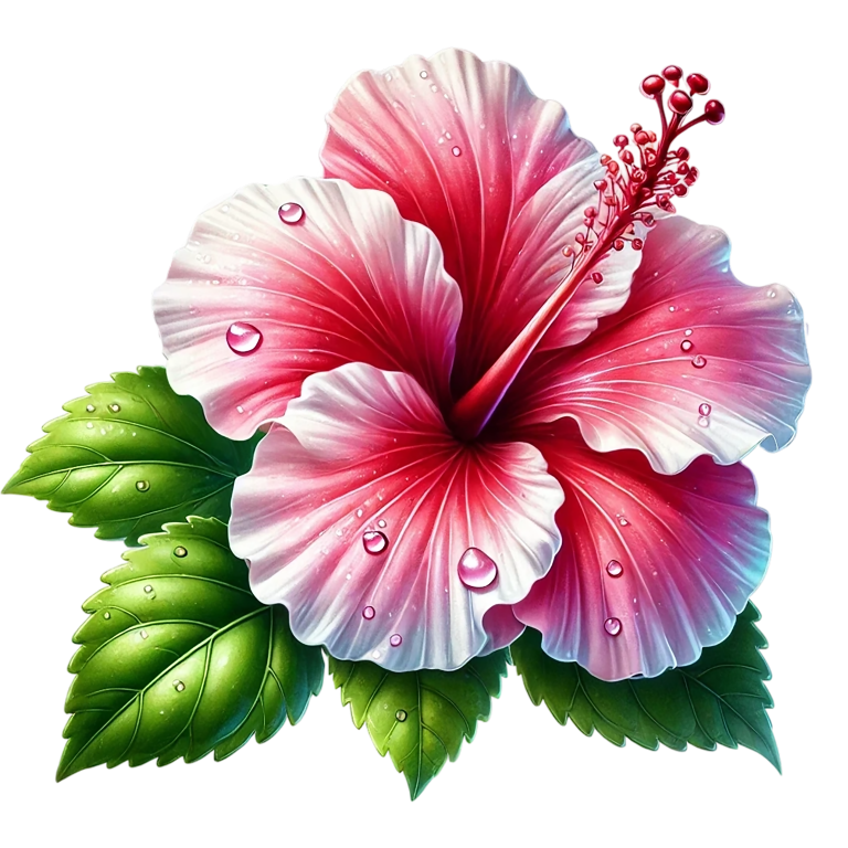 Pink Hibiscus Flower With Green Leaves Vinyl Sticker Decal
