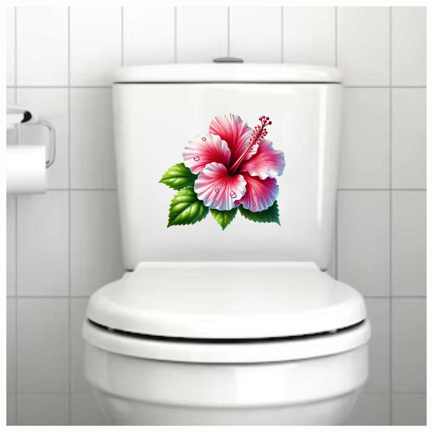 Pink Hibiscus Flower With Green Leaves Vinyl Sticker Decal