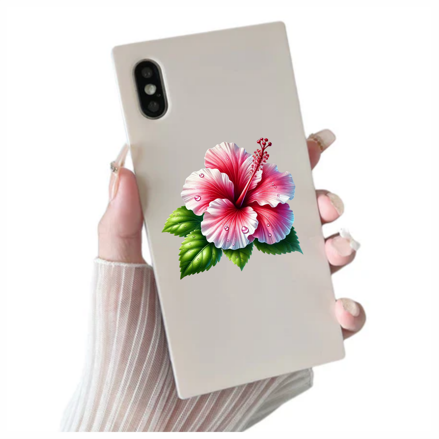 Pink Hibiscus Flower With Green Leaves Vinyl Sticker Decal