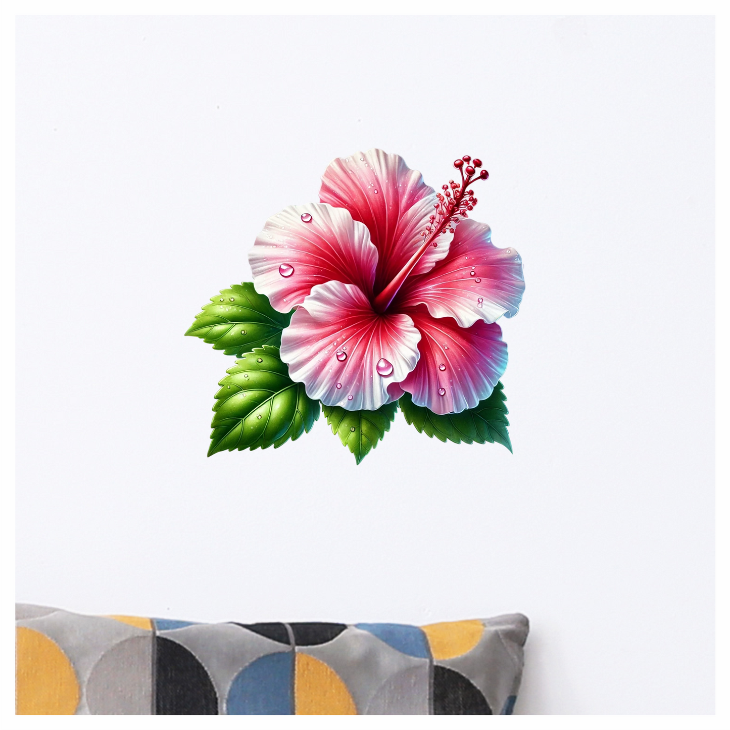 Pink Hibiscus Flower With Green Leaves Vinyl Sticker Decal