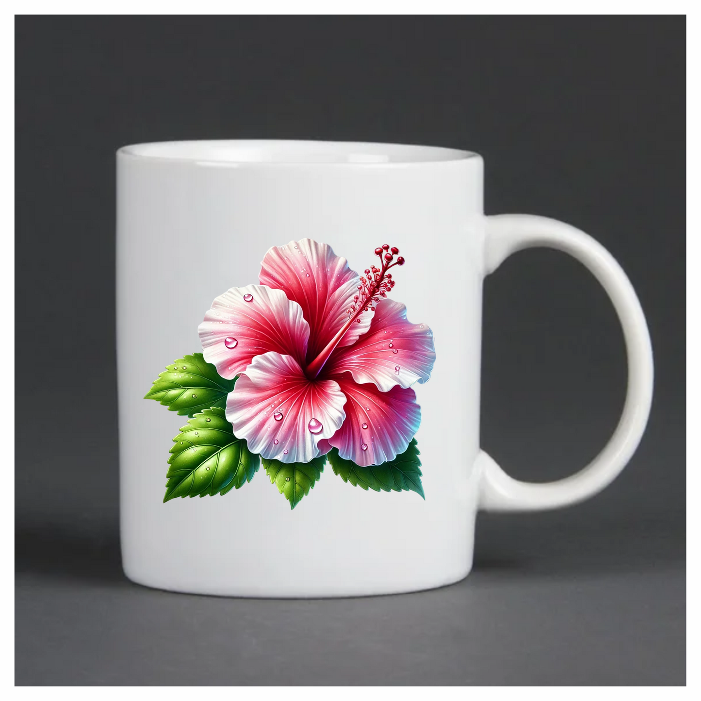 Pink Hibiscus Flower With Green Leaves Vinyl Sticker Decal