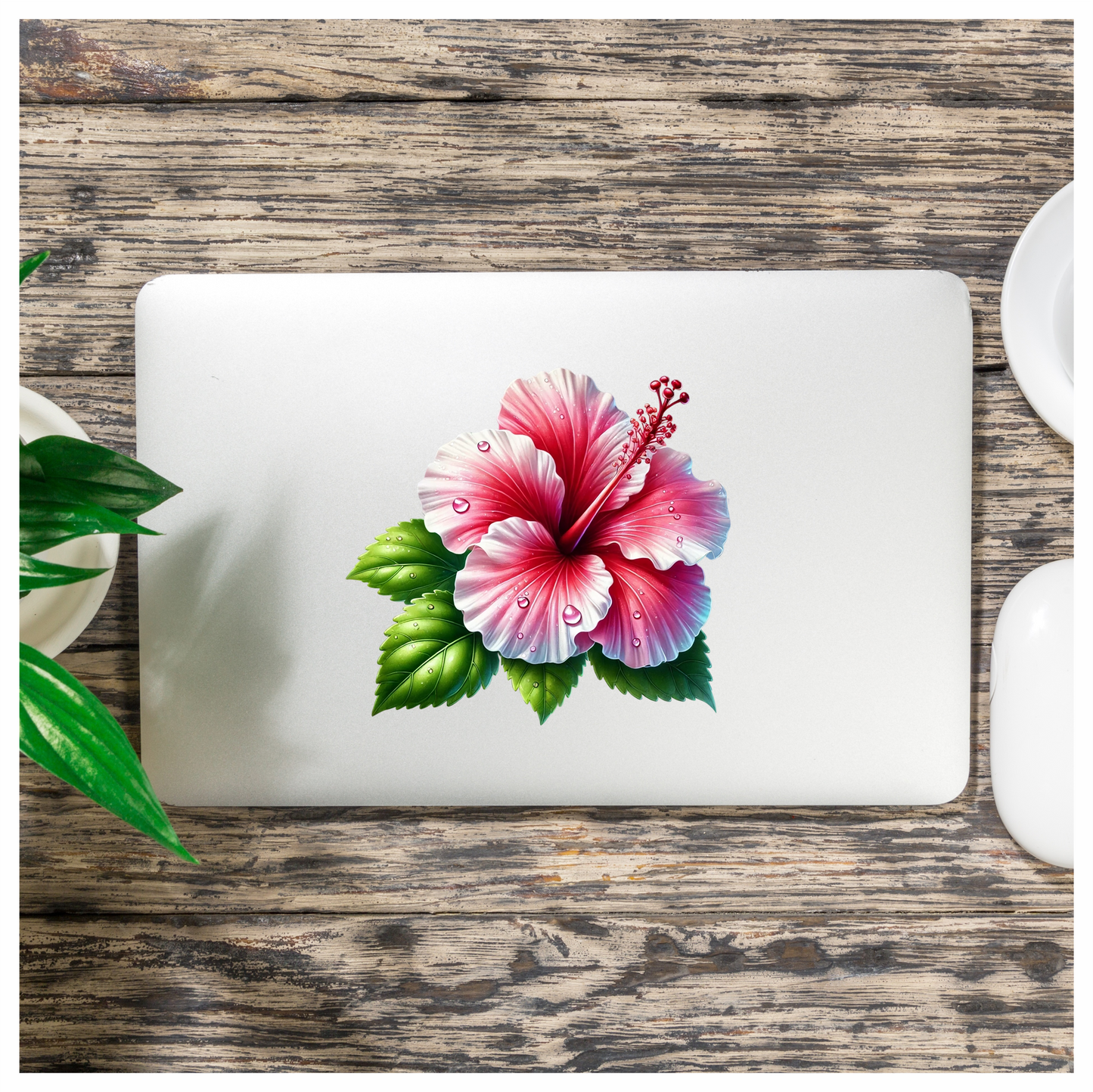 Pink Hibiscus Flower With Green Leaves Vinyl Sticker Decal