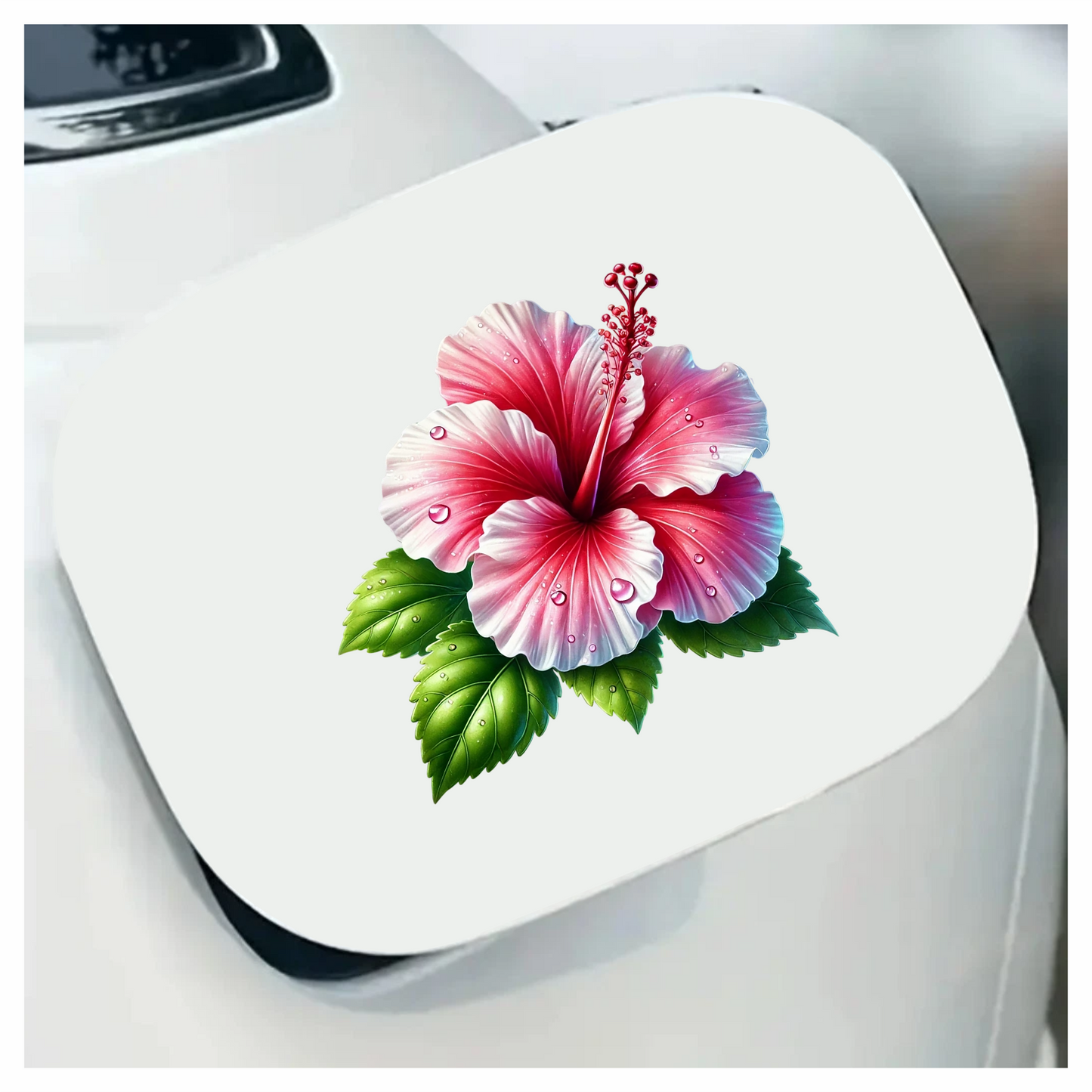 Pink Hibiscus Flower With Green Leaves Vinyl Sticker Decal