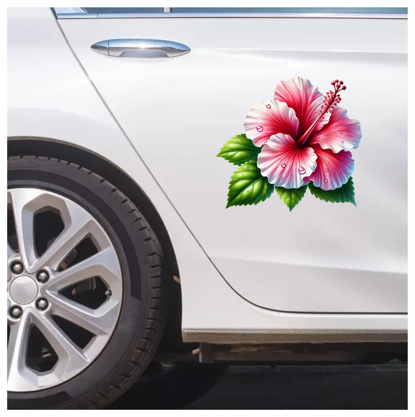 Pink Hibiscus Flower With Green Leaves Vinyl Sticker Decal
