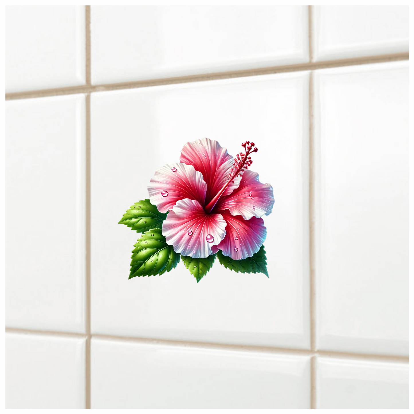 Pink Hibiscus Flower With Green Leaves Vinyl Sticker Decal