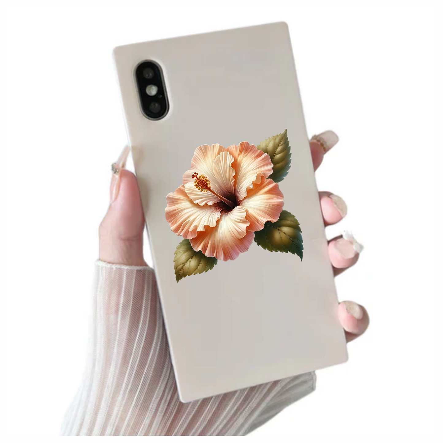 Peach Hibiscus Flower With Leaves Vinyl Sticker Decal