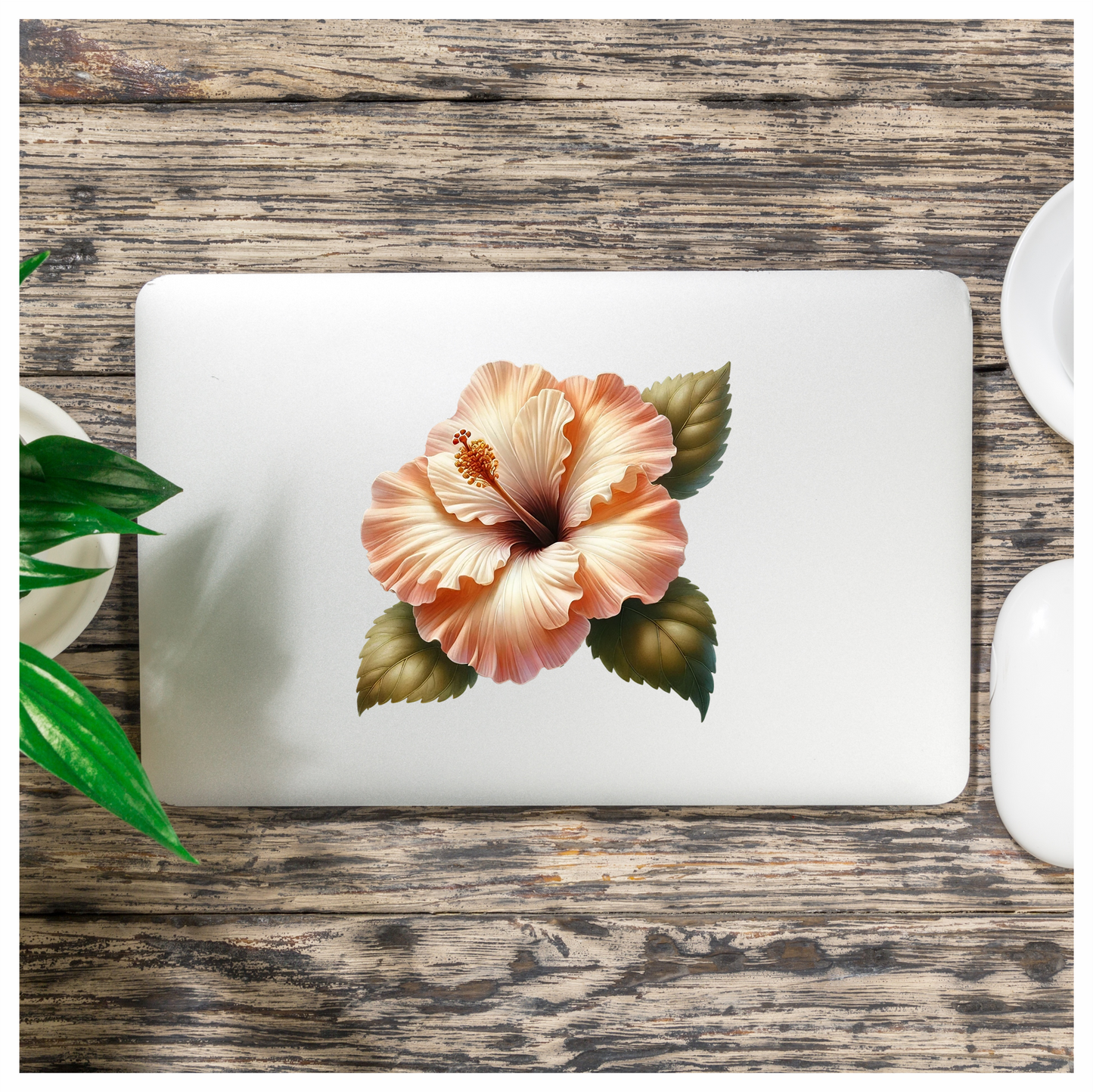 Peach Hibiscus Flower With Leaves Vinyl Sticker Decal