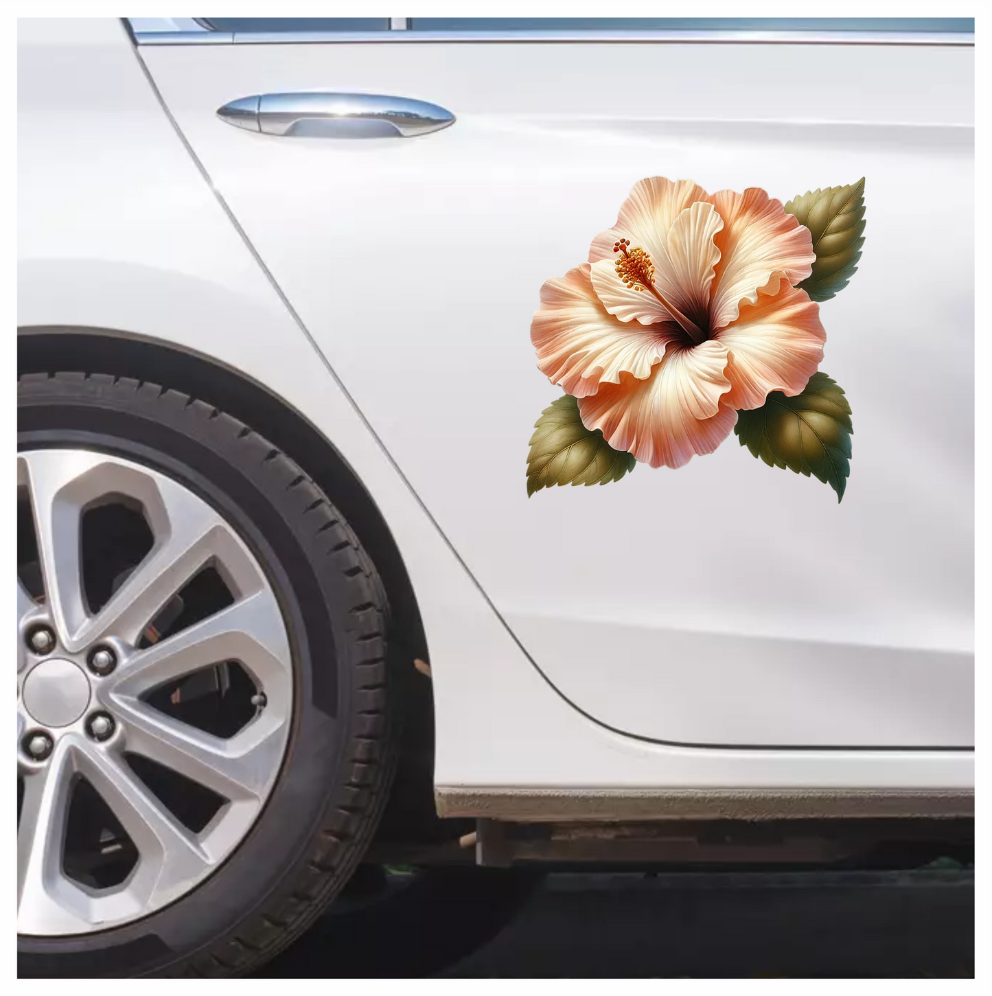 Peach Hibiscus Flower With Leaves Vinyl Sticker Decal