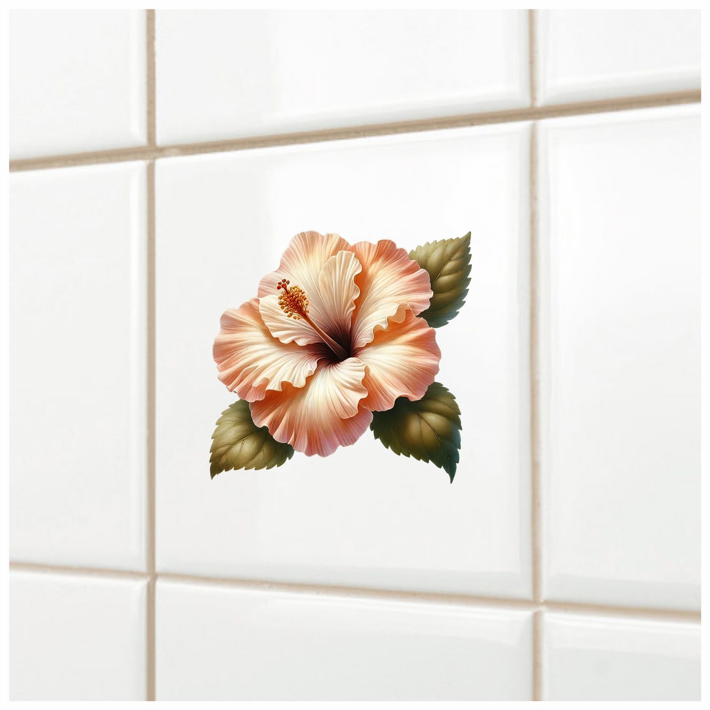 Peach Hibiscus Flower With Leaves Vinyl Sticker Decal